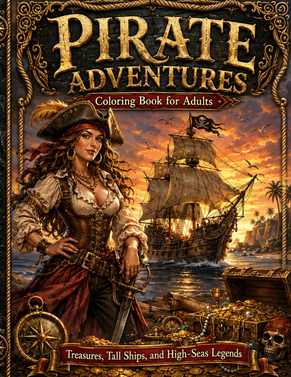 Pirate Adventures: Coloring Book for Adults: Treasures, Tall Ships, and High-Seas Legends