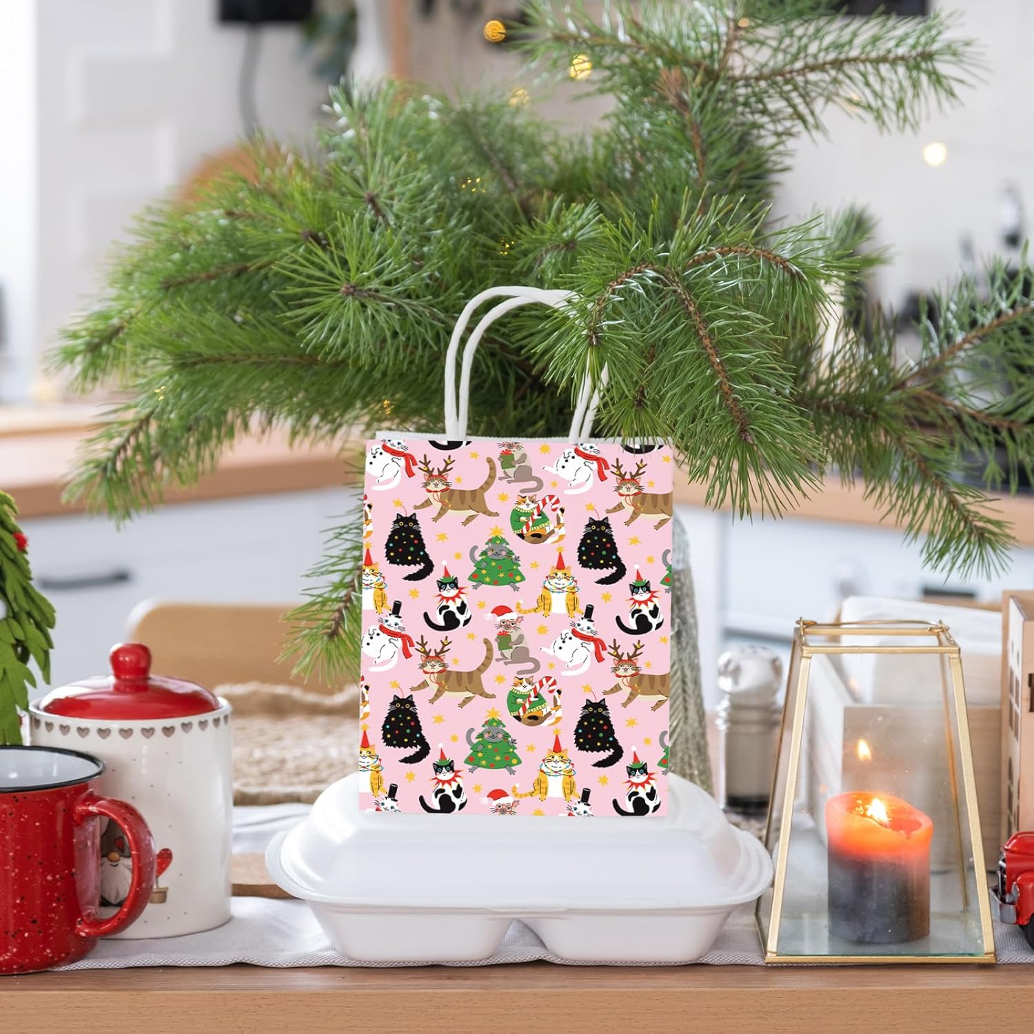 JarThenaAMCS 16Pcs Pink Christmas Paper Bags with Tissue Paper Cute Cats Gift Bag with Handle Candy Goodie Treat Bags for Winter Birthday Baby Shower Party Favor Supplies - Image 6