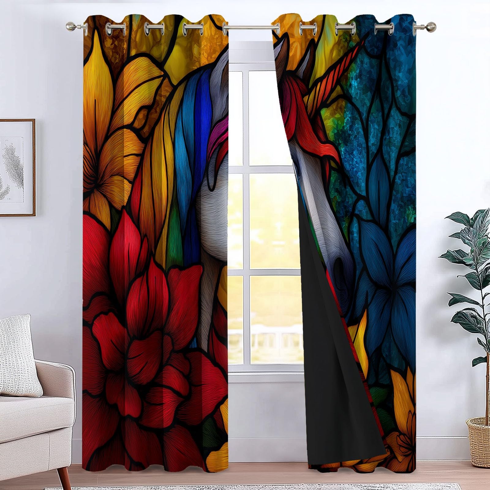 Générique Rideaux Occultants Licorne Animale, Rideaux Imprimé Isolant Thermique Anti Froid - Draperies Polyester Oeillet Plantes Fleurs pour Chambre Salon Décoration Lot de 2 75L x 166H cm