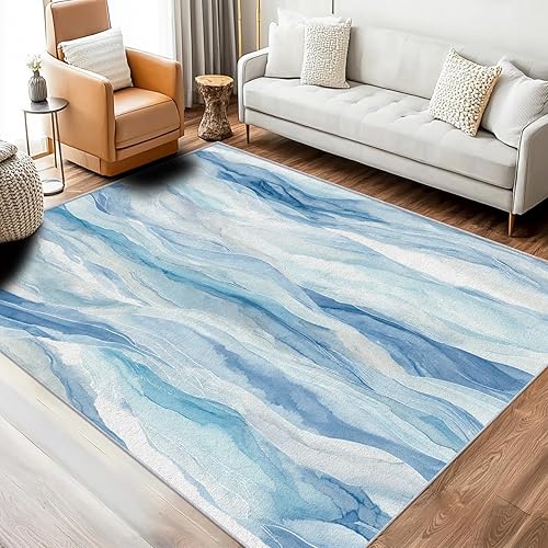 Miniatura 2 de Retro 70s Rug, Washable 4x5 Rug for Living Room, Blue Wave Abstract Patterned Indoor Carpet, Retro 70s Decor for Home, Bedroom, Soft Non Slip Thin