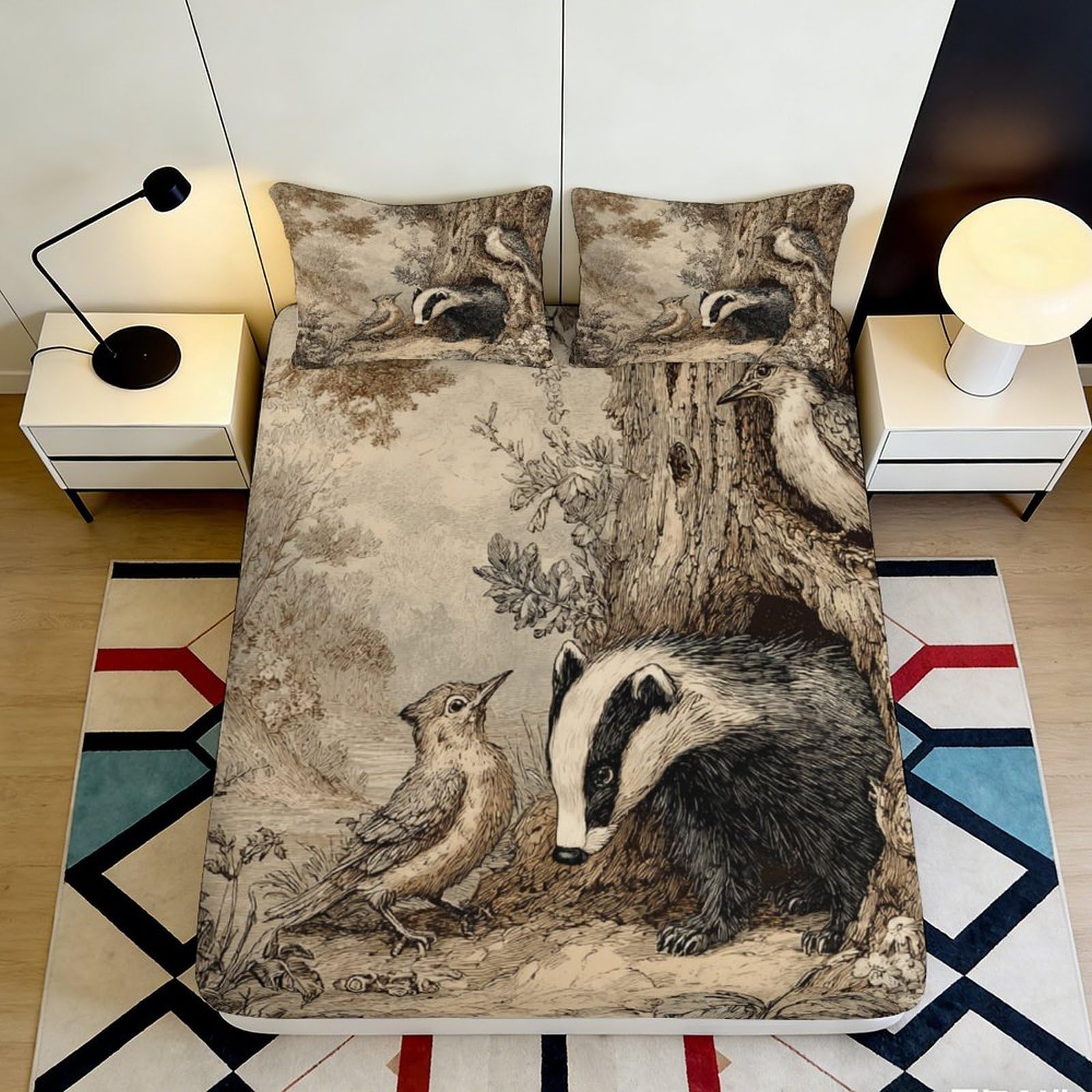 Pnayamiorkfel Style-7 3D Printed Forest Badger Bird Fitted Sheet Microfiber Soft Non Slip Woodland Mattress Cover Bedroom Decor 90X200x25cm