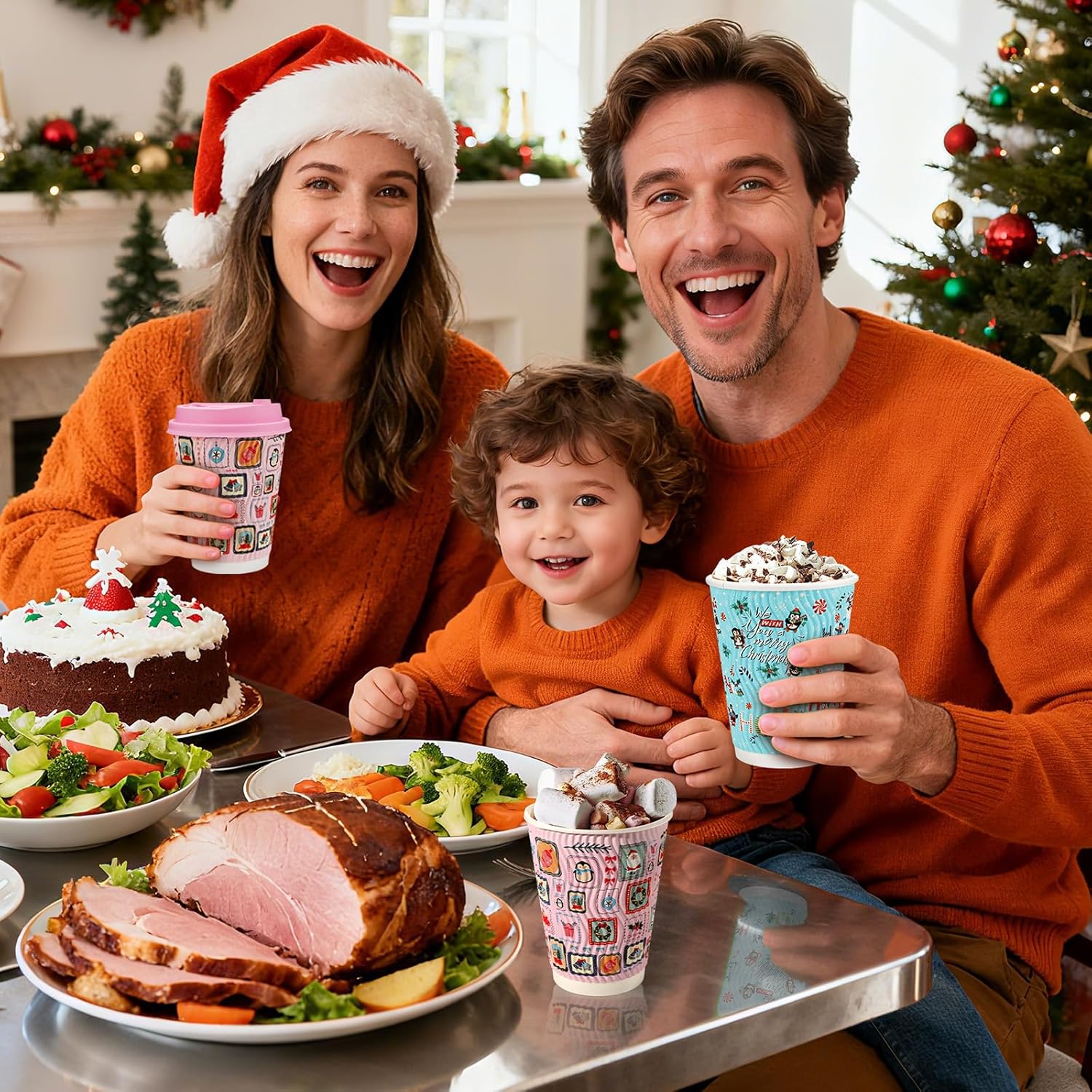 50 Pcs Christmas Disposable Coffee Hot Drink Cups, 12 Oz Xmas Winter Insulated Corrugated Ripple Wall Pink Blue Paper Cups with Pink Blue Lids for Christmas Party Home Office Decoration Supplies - Image 5