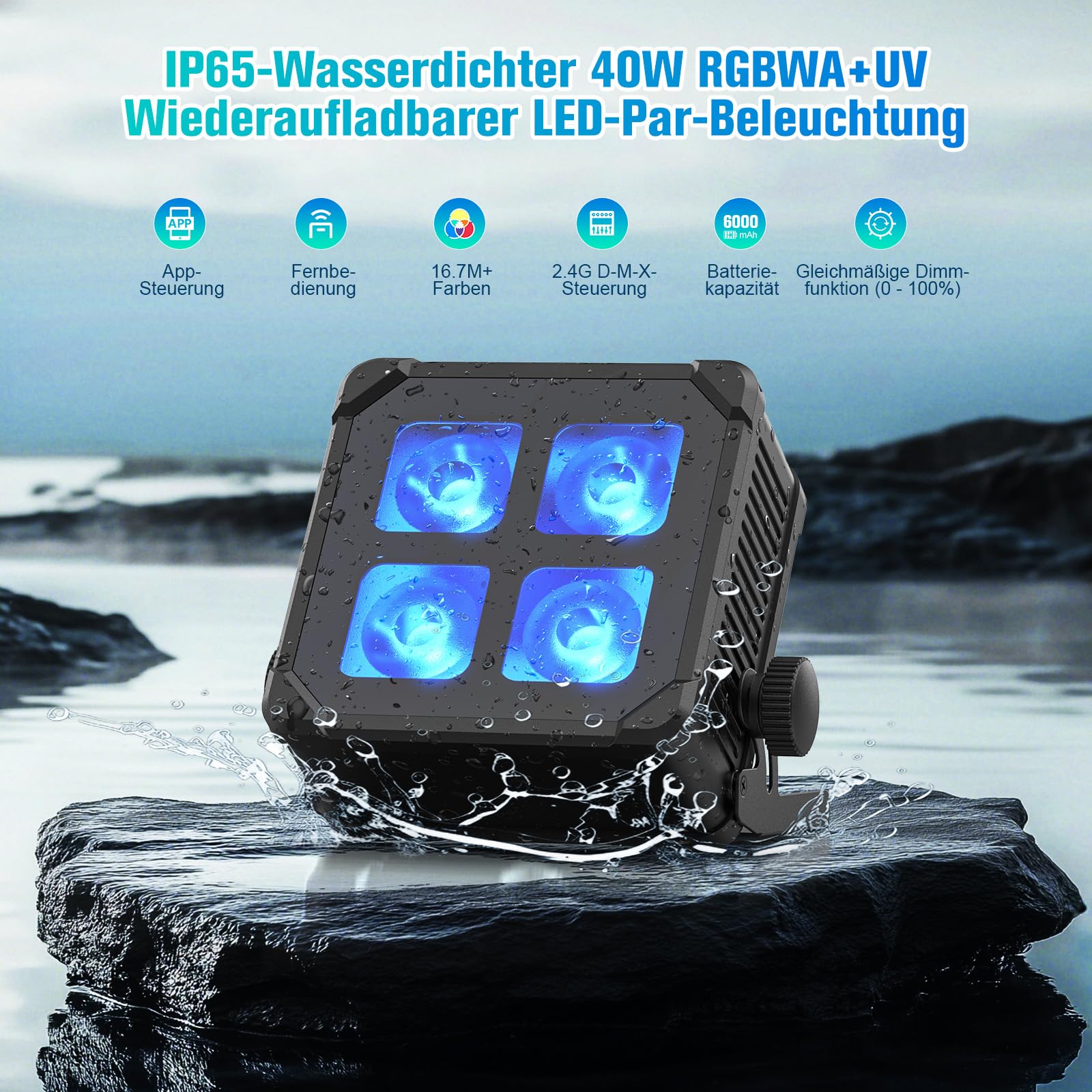 U`King 4PCS 4x10W Impermeabile Par LED Batteria, RGBWA UV IP65 Luce da Palco Esterno con Telecomando, Supporta APP, IR, Wireless 2,4 GHz per Giorni di Pioggia Piscina Matrimonio Spettacolo Discoteca