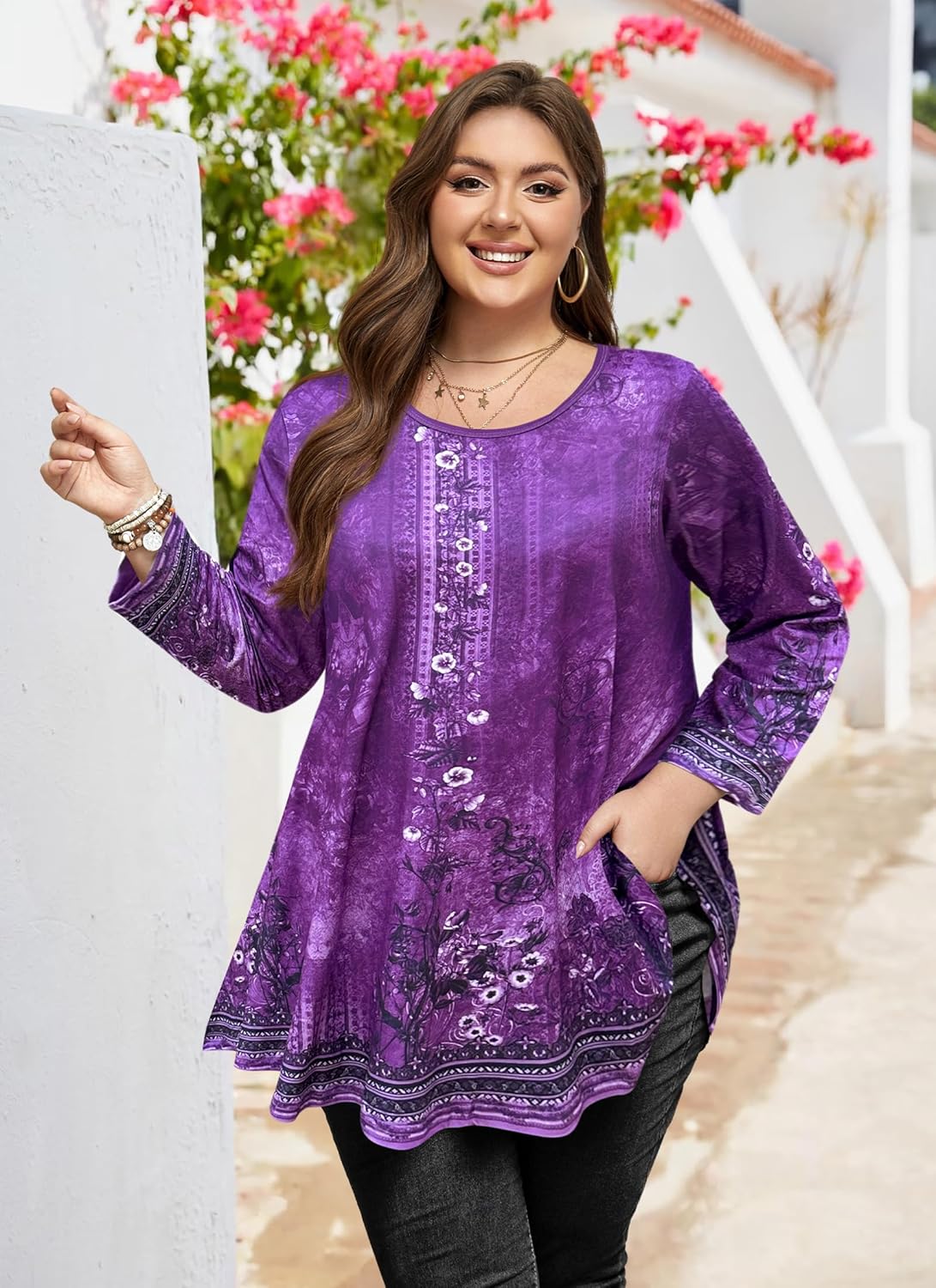 Womens Tunic Tops 3/4 Sleeve Plus Size Crew Neck Swing Flare Loose Fit T-Shirt Blouses to Wear with Leggings - Image 2