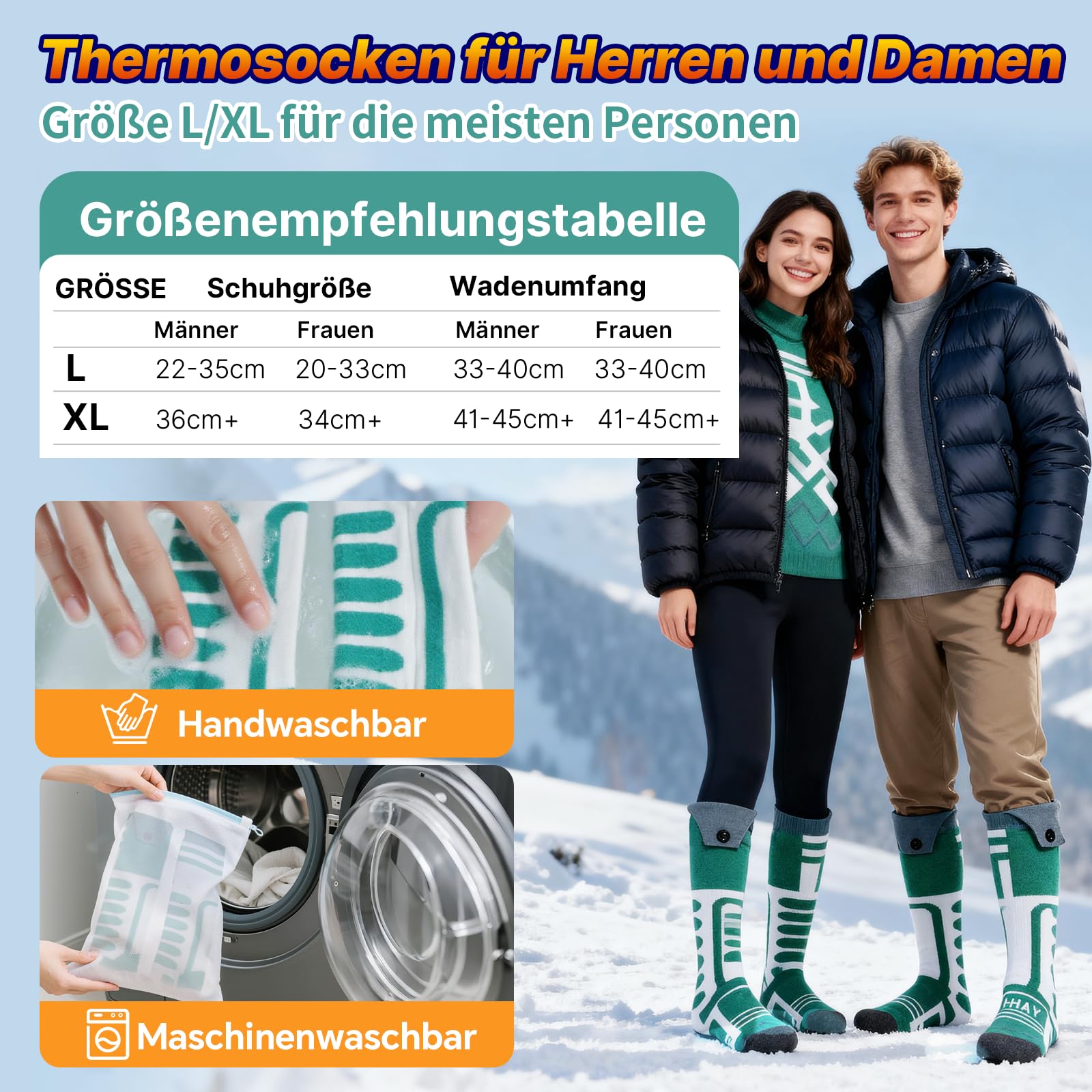 Beheizbare Socken mit Akku 5V 10000mAh Wiederaufladbare Steuerbar über App Elektrisch Heizsocken für Damen Herren, Fußwärmer Unisex Beheizte Socken für Skifahren/Radfahren/Angeln/Jagd/Camping (XL)