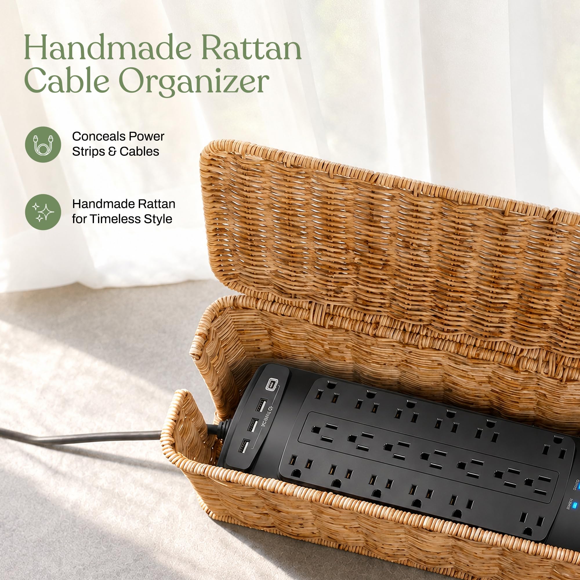 Caja de gestión de cables, organizador de cables de ratán hecho a mano con 2 ranuras abiertas, ocultador de cables para regleta de alimentación, enrutador y concentrador USB, patente registrada de