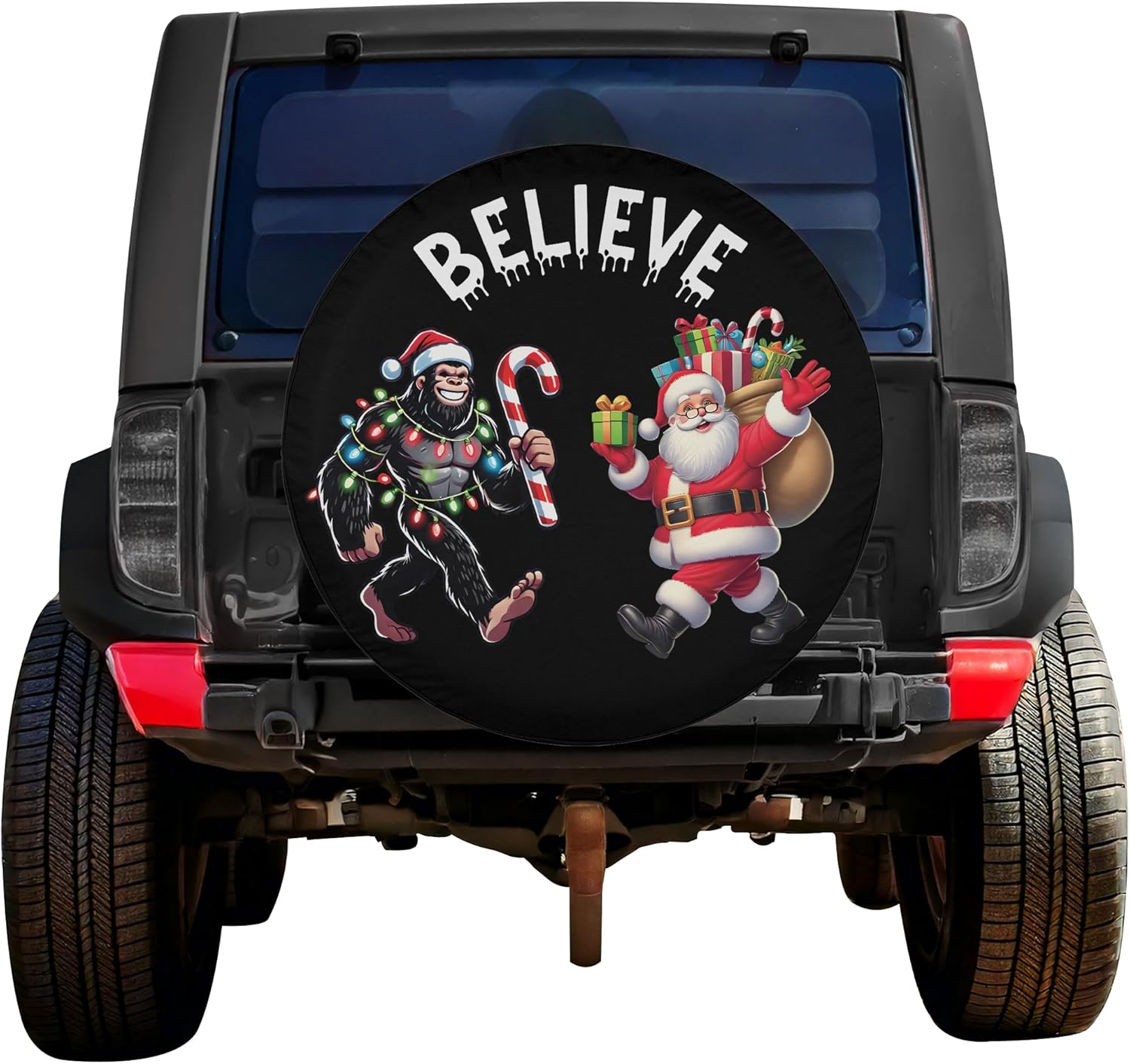 ThangPham Shop Christmas Santa and Bigfoot Spare Tire Cover with/Without Backup Camera Hole – Christmas Theme Design for Lovers
