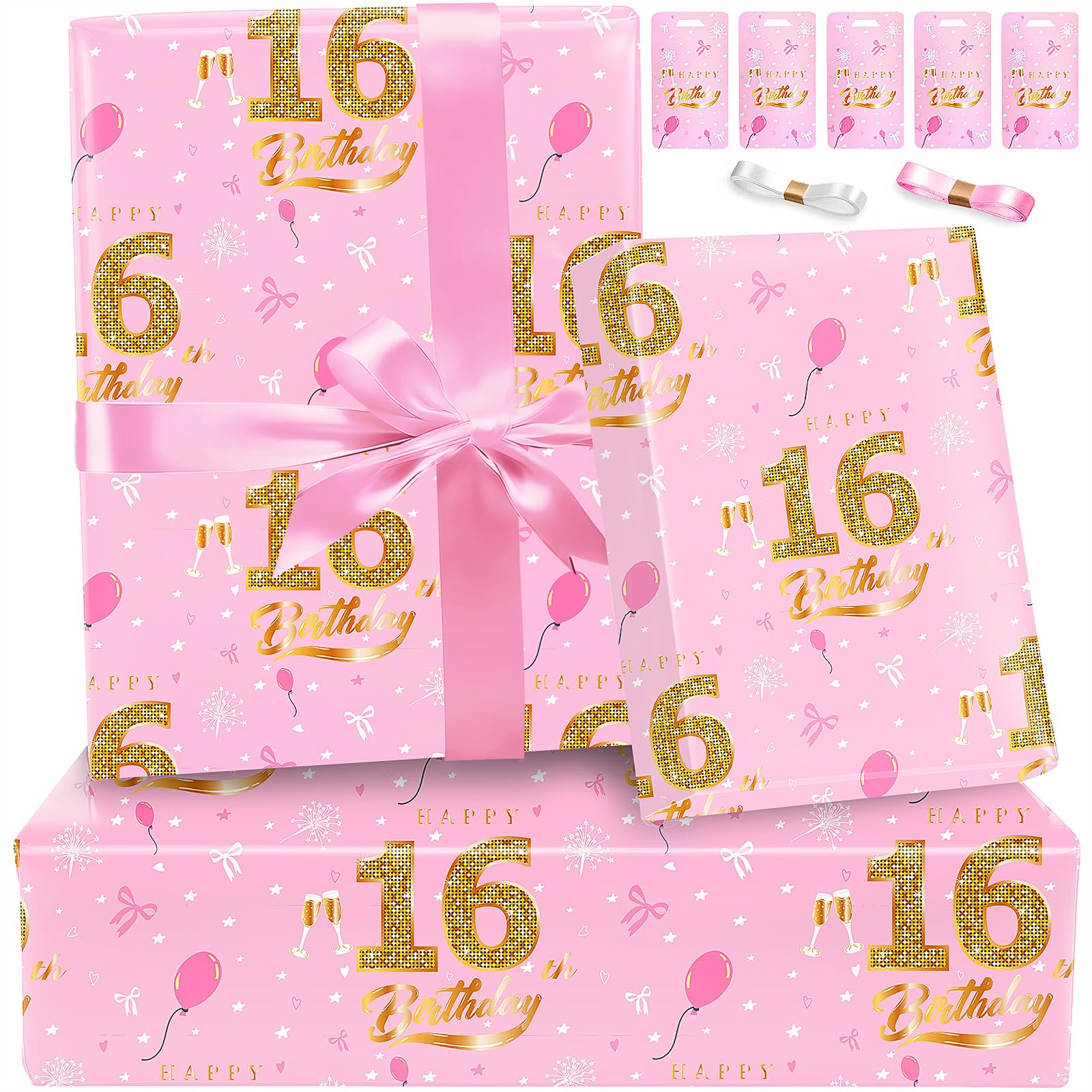 16th Birthday Wrapping Paper Girl,Pink and Gold Gift Wrap Paper for Her,Premium Birthday Gift Wrapping Paper 5 Sheets Thick Birthday Paper Wrapping, Sweet 16 Present Wrap Kit,Pink Gold