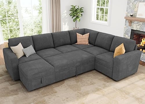 Miniatura 1 de HONBAY Sofá modular modular con cama extraíble, sofá cama de pana con otomana de almacenamiento, sofás seccionales en forma de U para sala de estar,