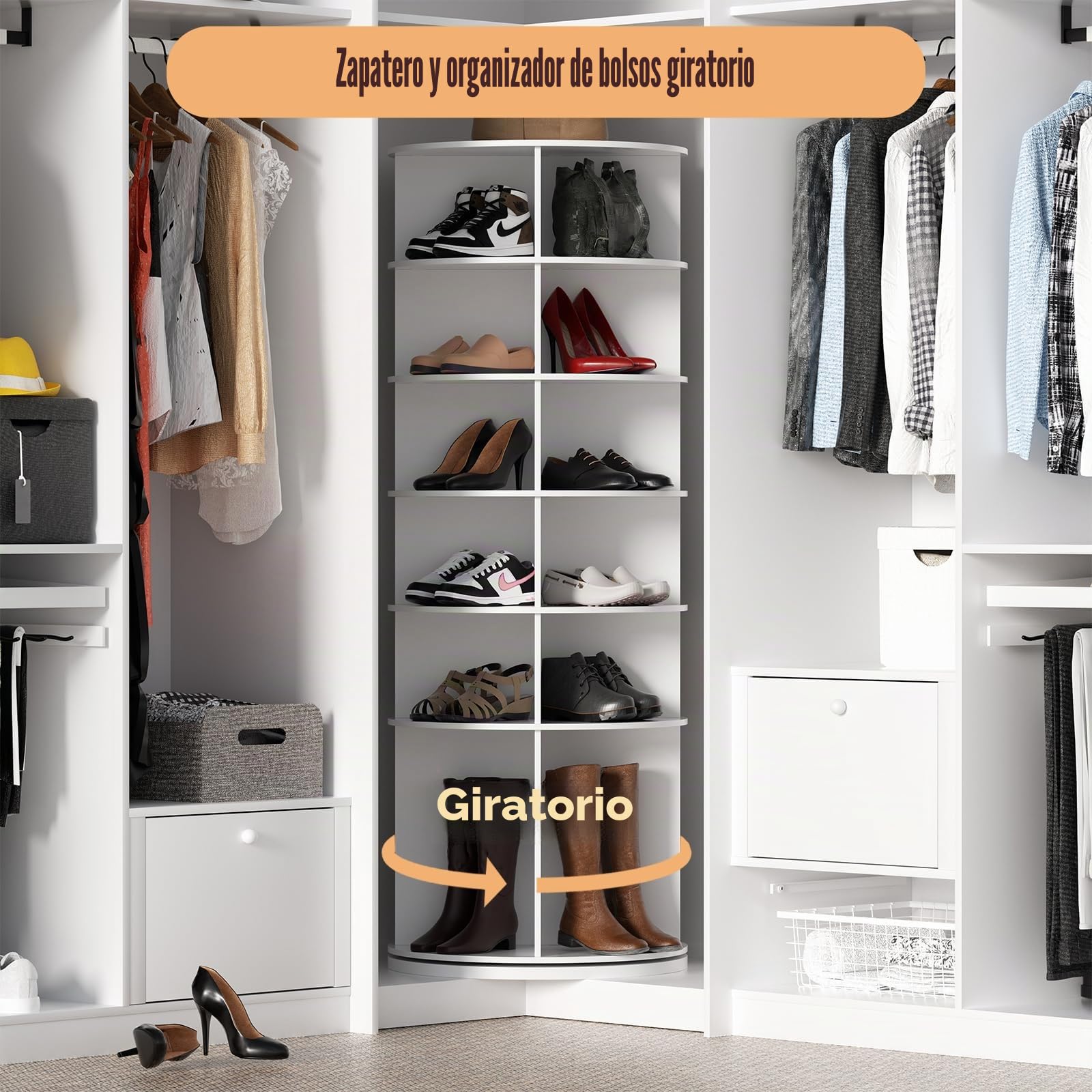 Zapatero giratorio con 6 niveles, armario de zapatos giratorio de 360 grados, carrusel redondo blanco, bolso vertical, organizador de armario de zapatos para sala de estar, dormitorio, entrada