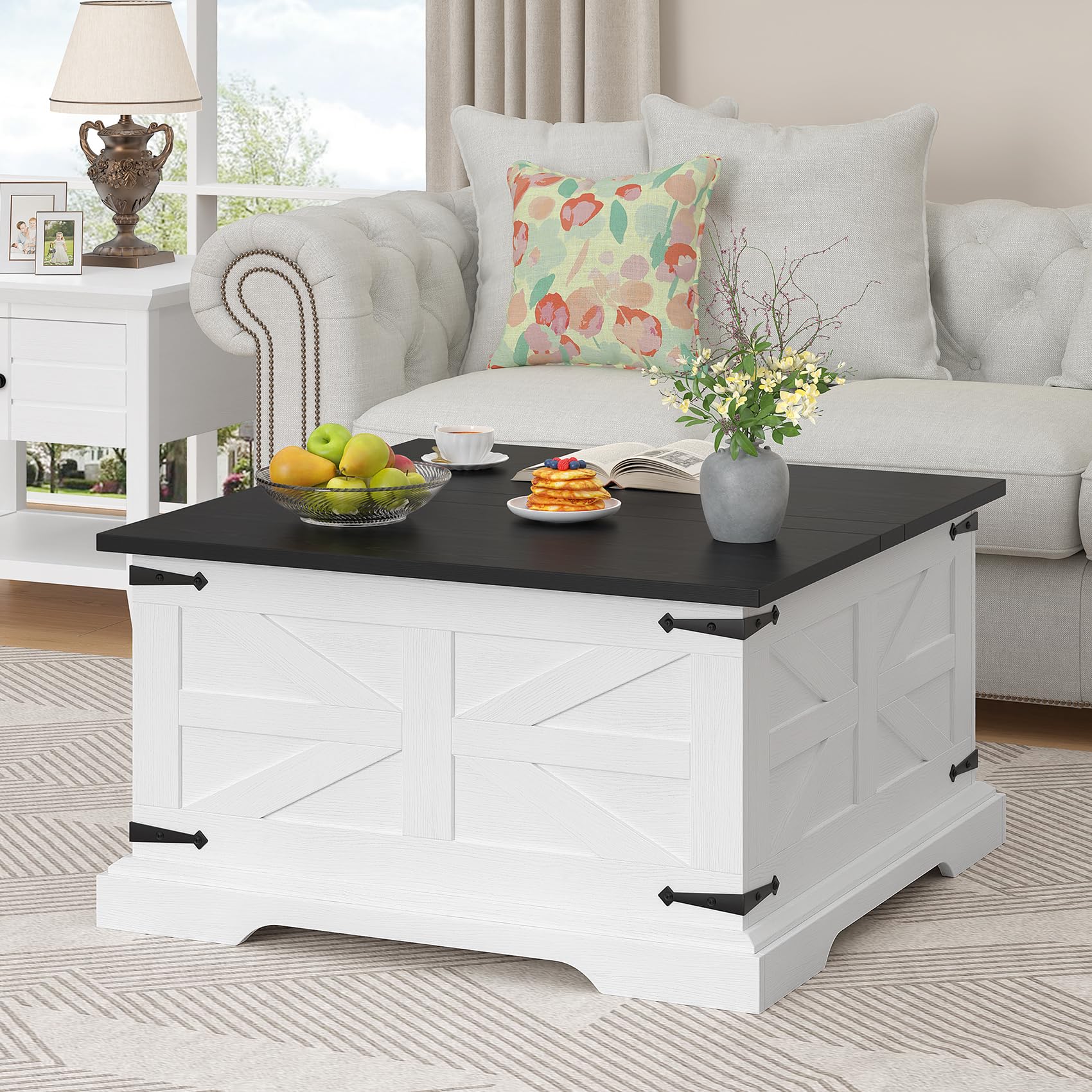 Bigbiglife Farmhouse Coffee Table with Storage, 31.5" Square Center Table for Living Room, Rustic Wood Cocktail Table with Large Hidden Compartment,