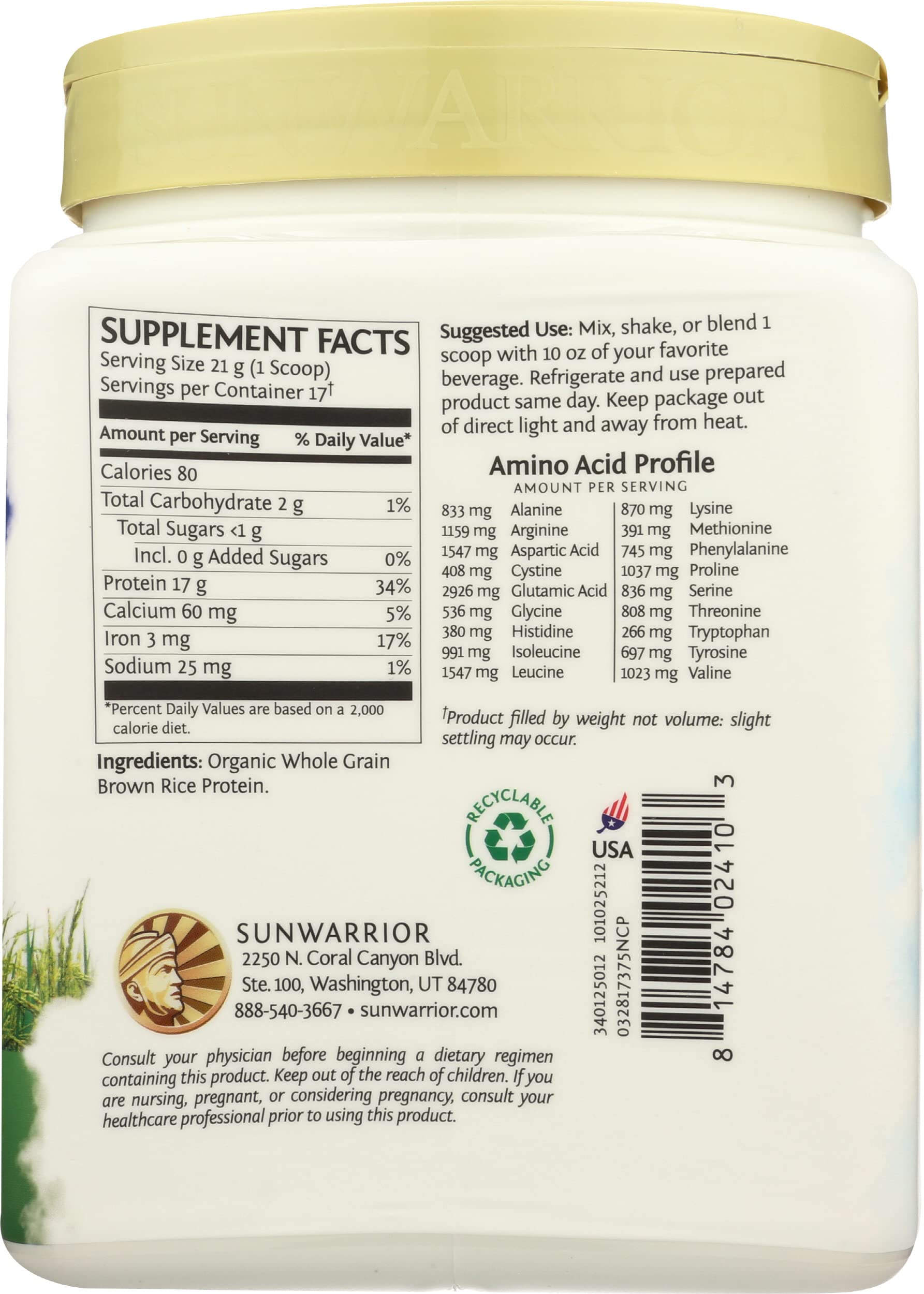 Sunwarrior natürliches Reisprotein Natural, 375 g