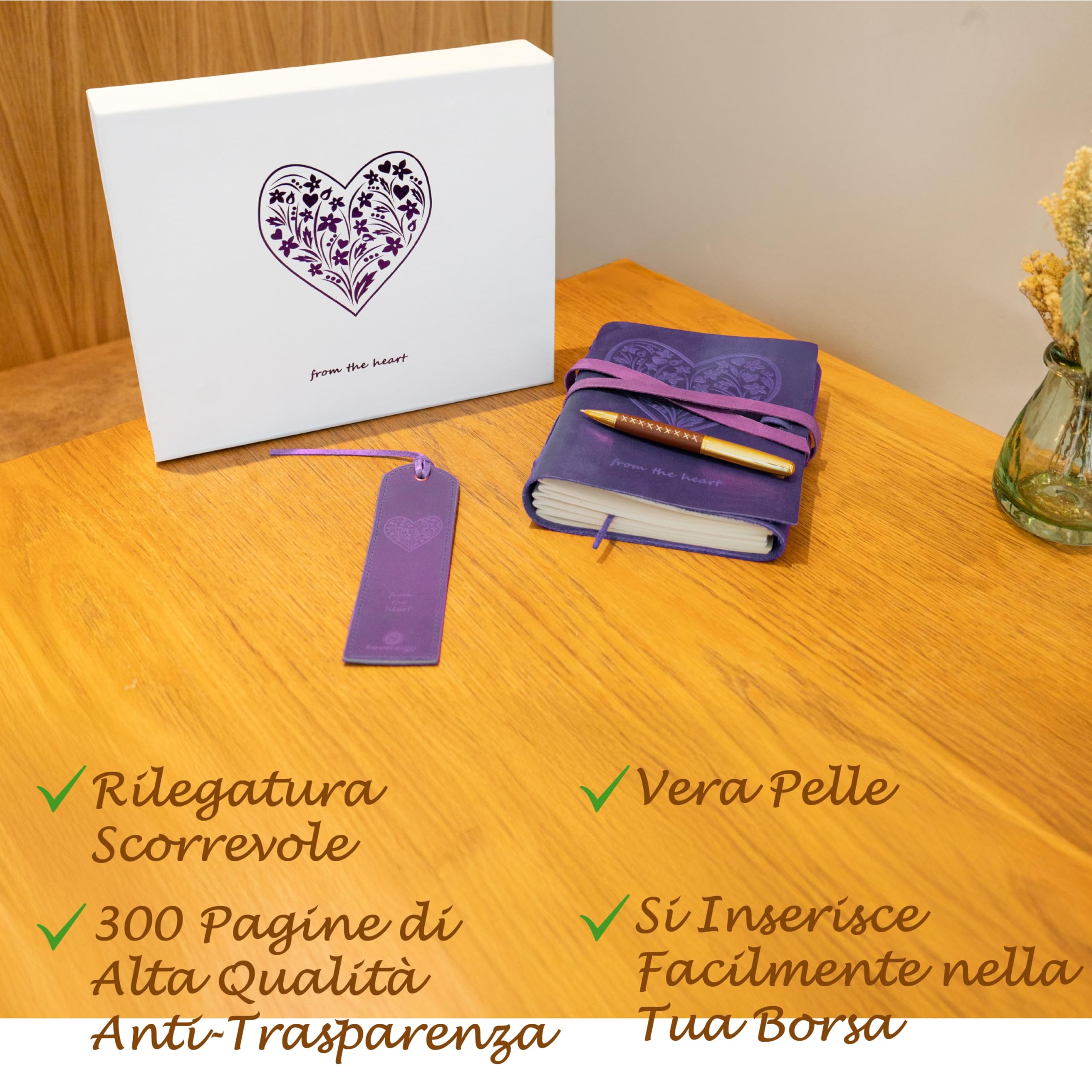 Leather Journal Embossed Purple Heart Gift Set + Antique Leather Bookmark + Pen, Handmade Writing Notebook 8x6 Inches Unlined Bound Daily Notepad For Men & Women, Luxury Gift Box for all ages
