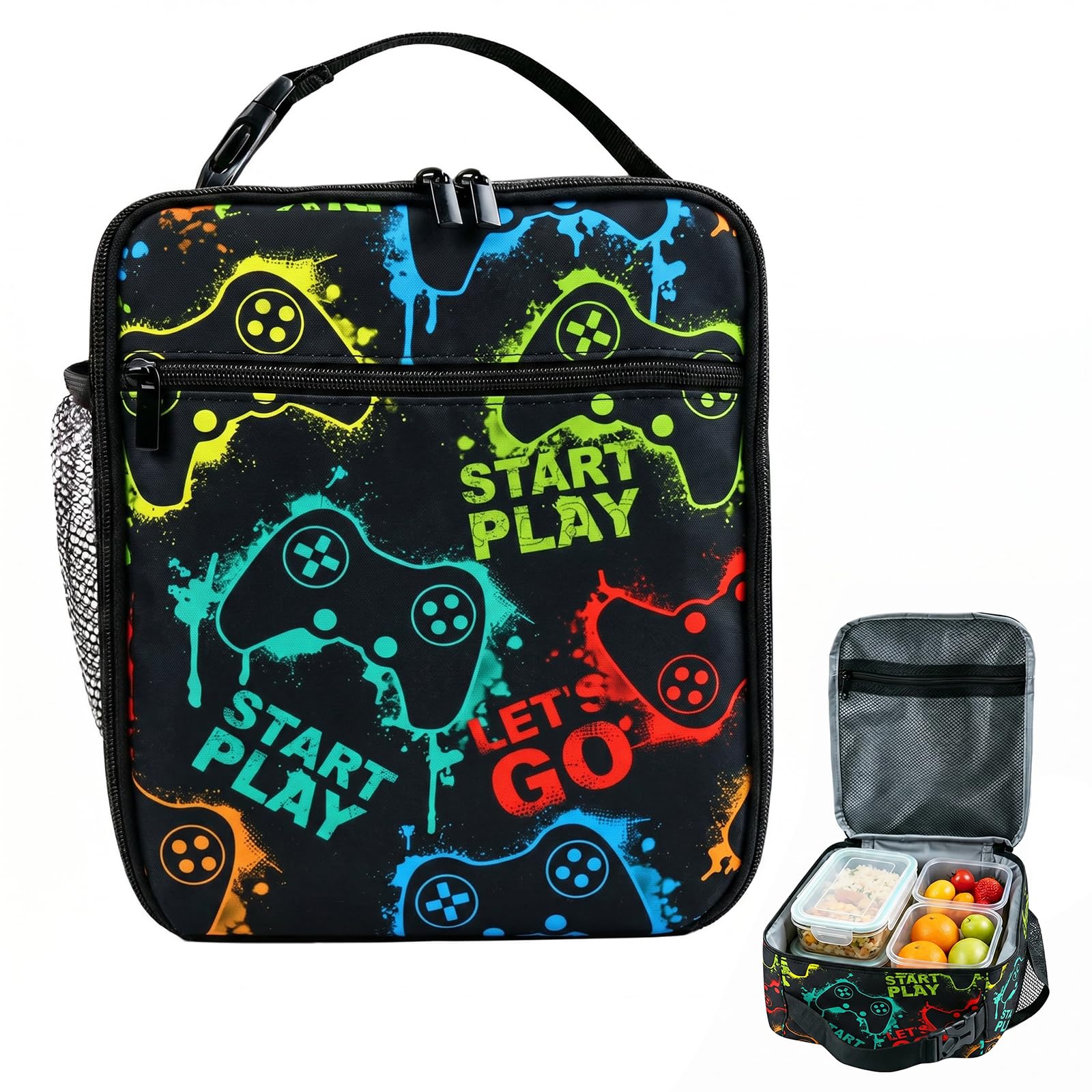 Kideerly Game Boys Lunch Box, Gaming Lunch Bag Kids, Reusable Boys Lunch Box, Portable Waterproof Mesh Bag with Kids Lunchbag for School Picnic Travel Outdoor, Birthday Boys Gifts, Christmas