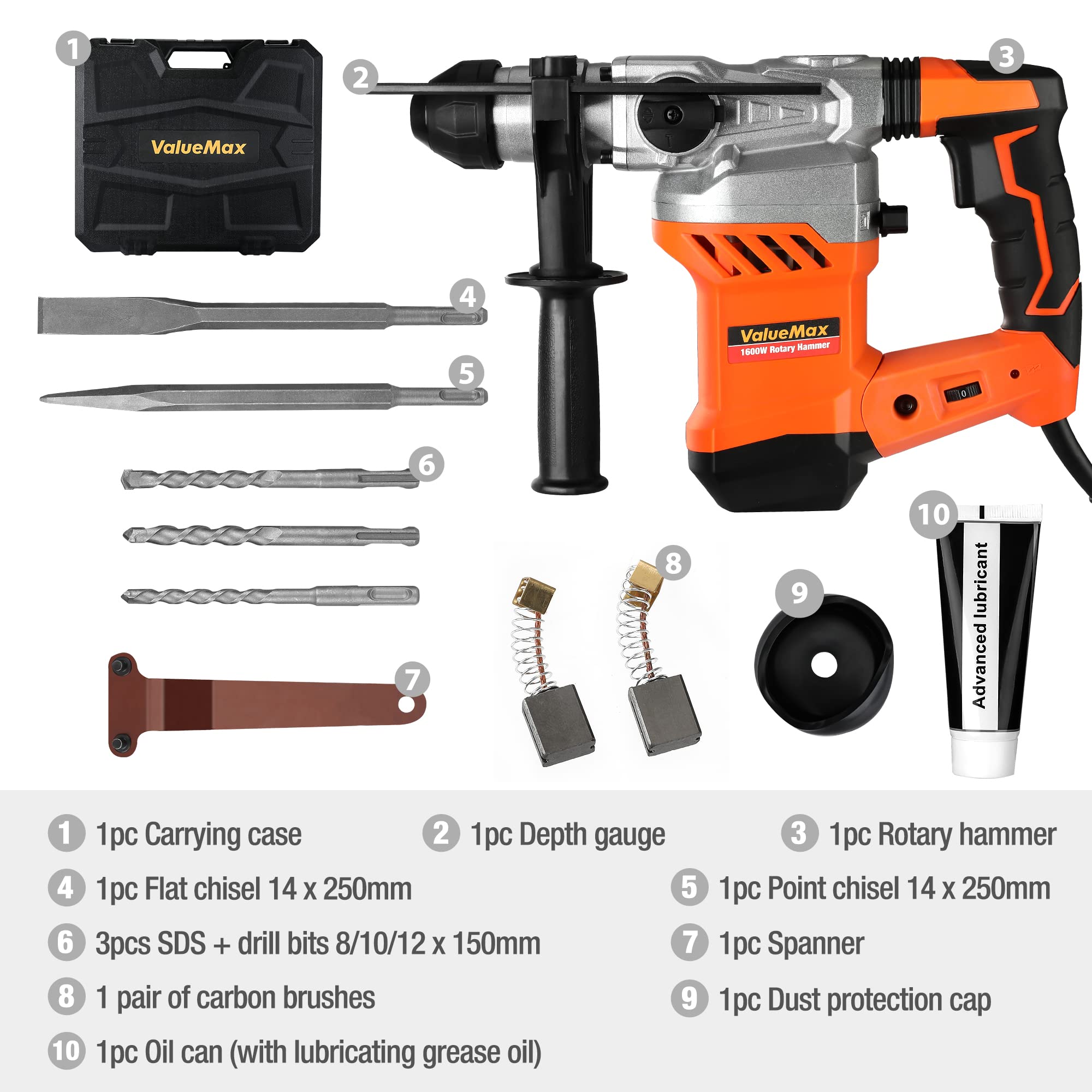 ValueMax Martillo Perforador 3 en 1, Martillo Electrico de 1600W, 0-800rpm, 3 modos y 4 velocidades variables，incluye 3 brocas para martillo perforador SDS Plus, para Hormigón, Metal y Piedra