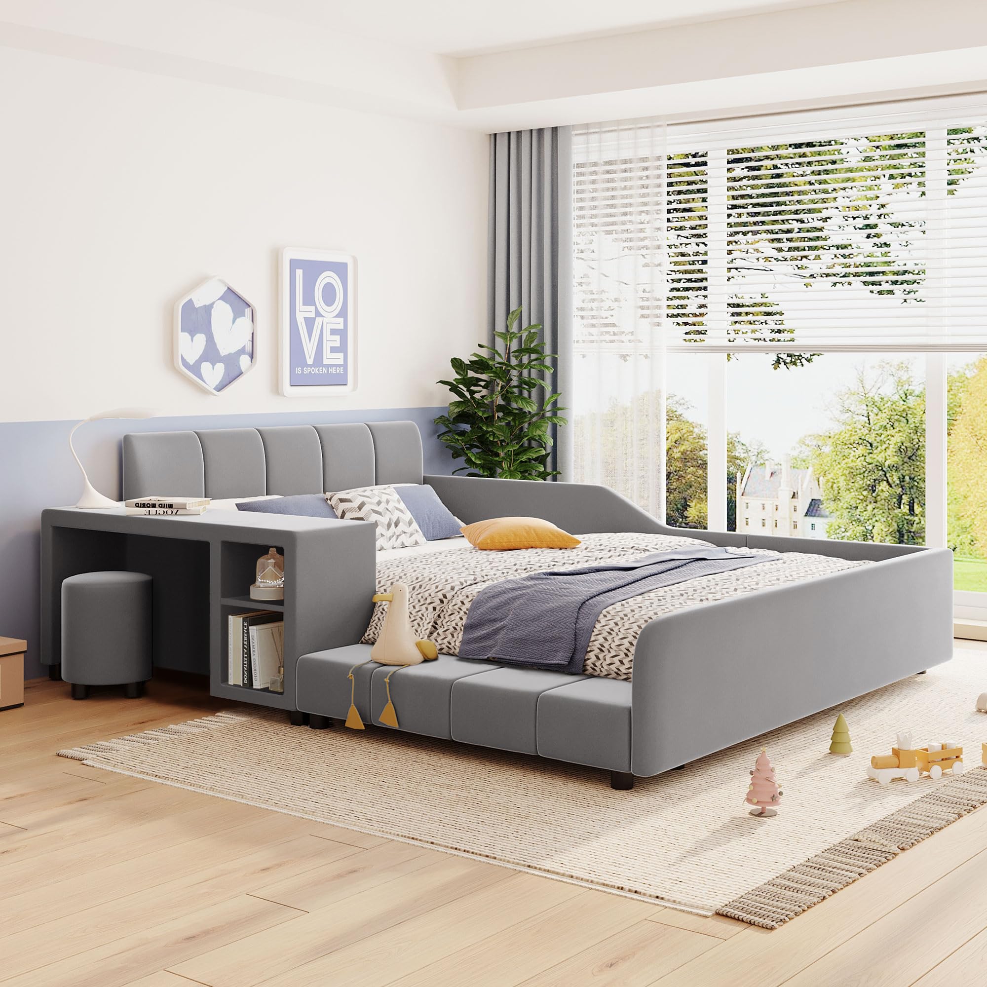 Merax Full Size Upholstered Grounded Bed, Mother & Child Bed with