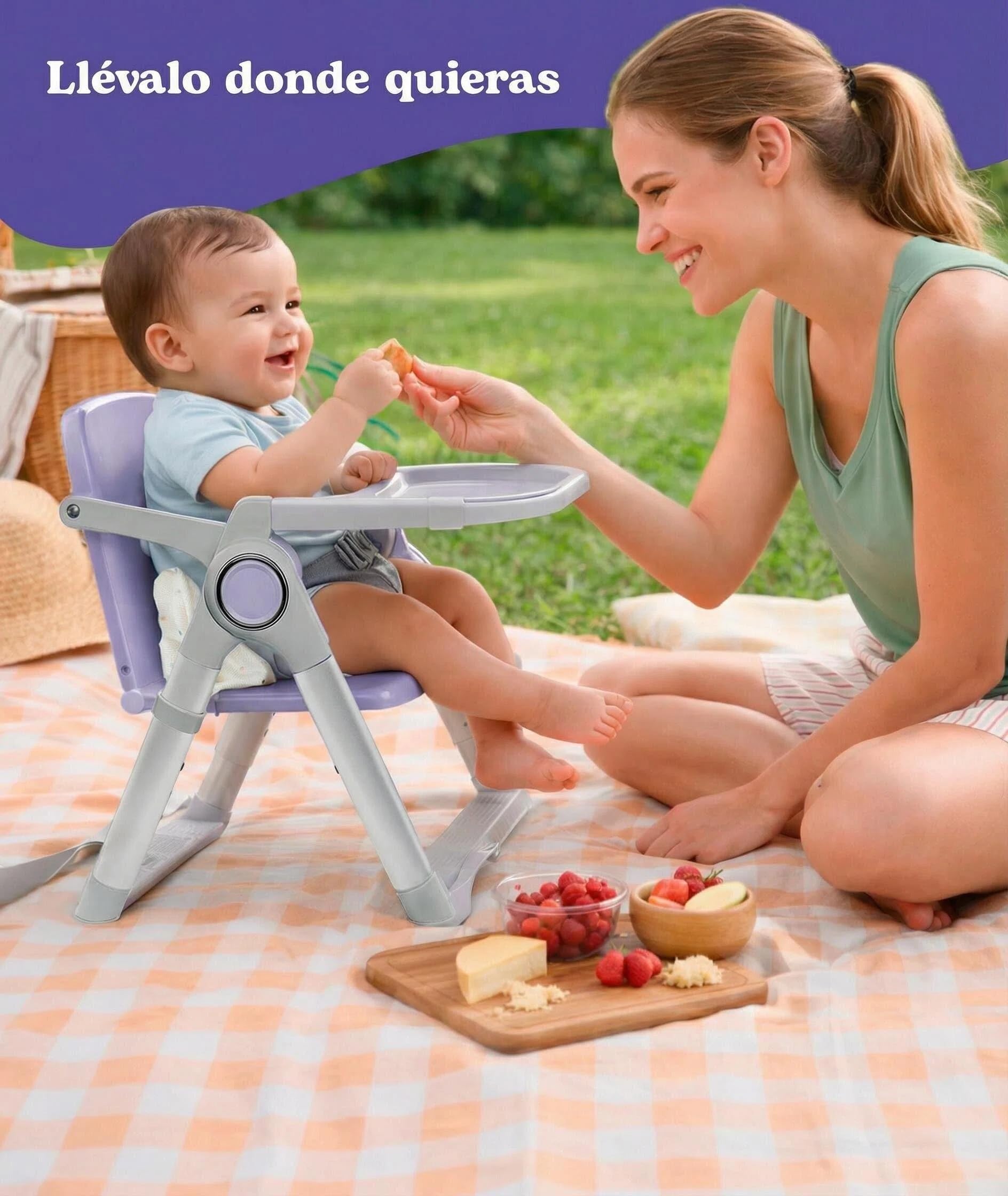 Chaise Haute Bébé Portable Pliable Premium 2 en 1, Rehausseur de Chaise avec Sangles de Fixation, 4 Hauteurs Réglables, Tablette Amovible, Sac de Transport, 6–36 Mois jusqu’à 15 kg (Lilas + Argent)