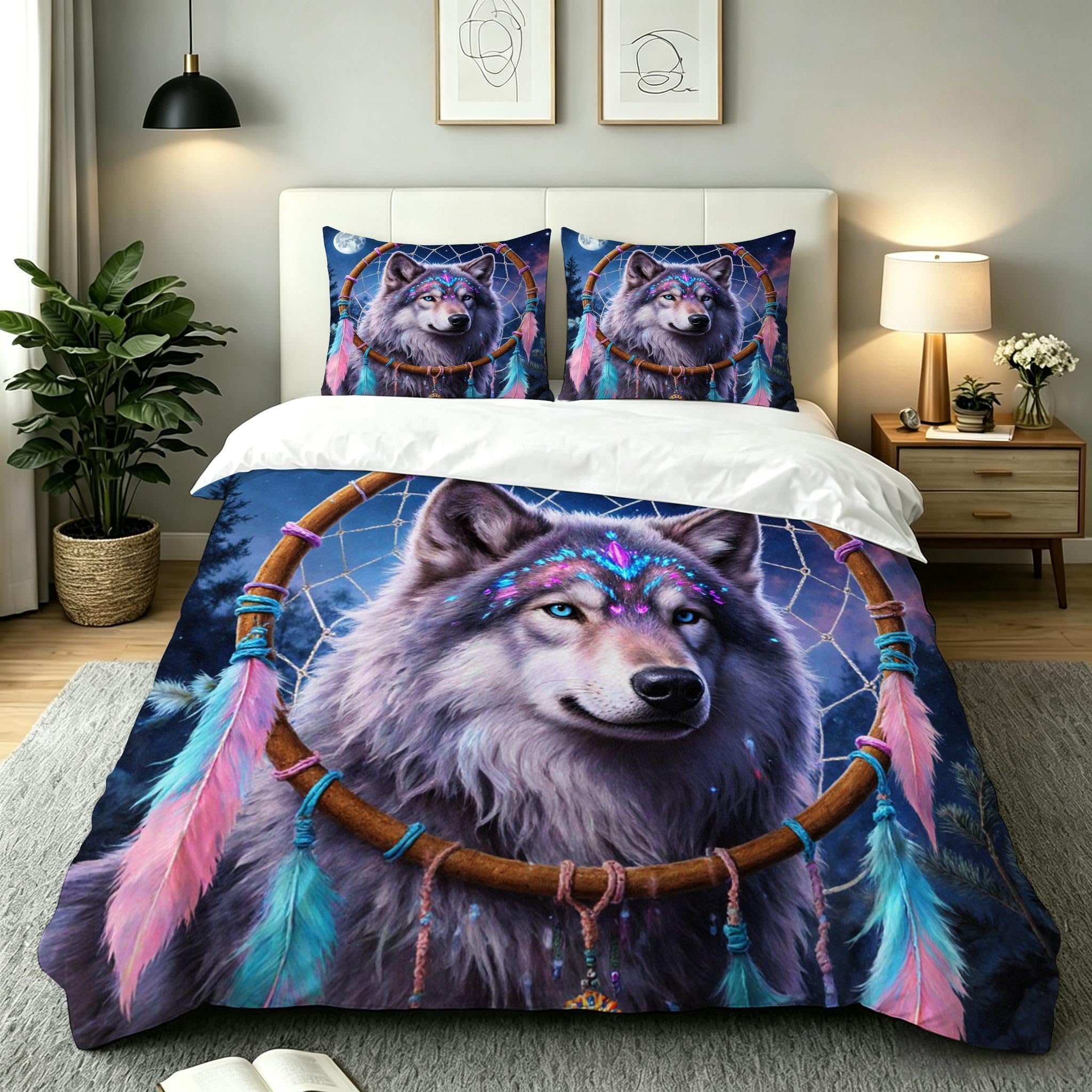 Parure de lit 240x260 cm loup 3D avec housse de couette et taies
