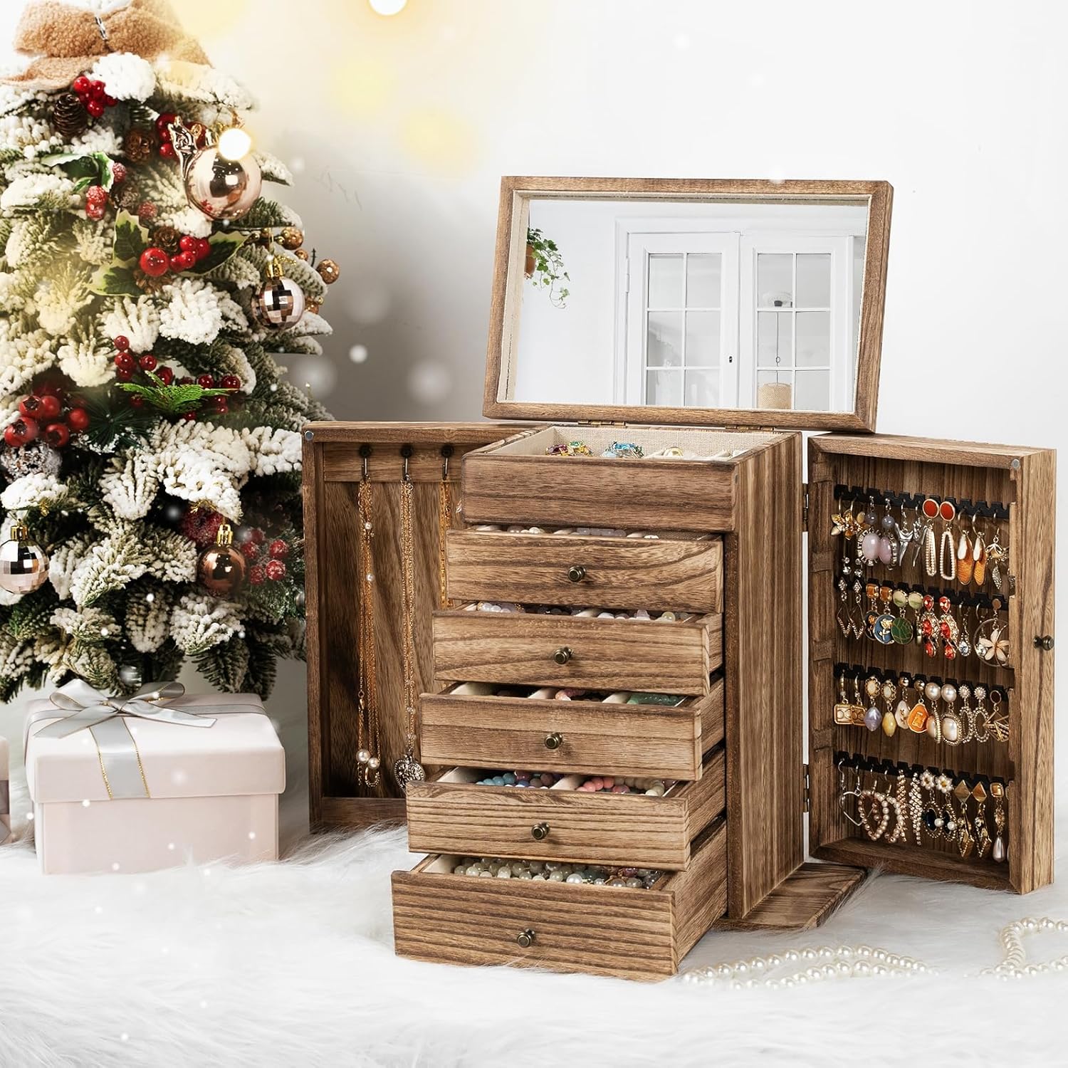 Emfogo Wooden Jewelry Box for Women, 6-Tier Large Jewelry Organizer Boxes with Mirror Rustic Solid Wood jewlery Storage Display for Rings Earrings Necklaces Bracelets watches(Carbonized Brown) - Image 3
