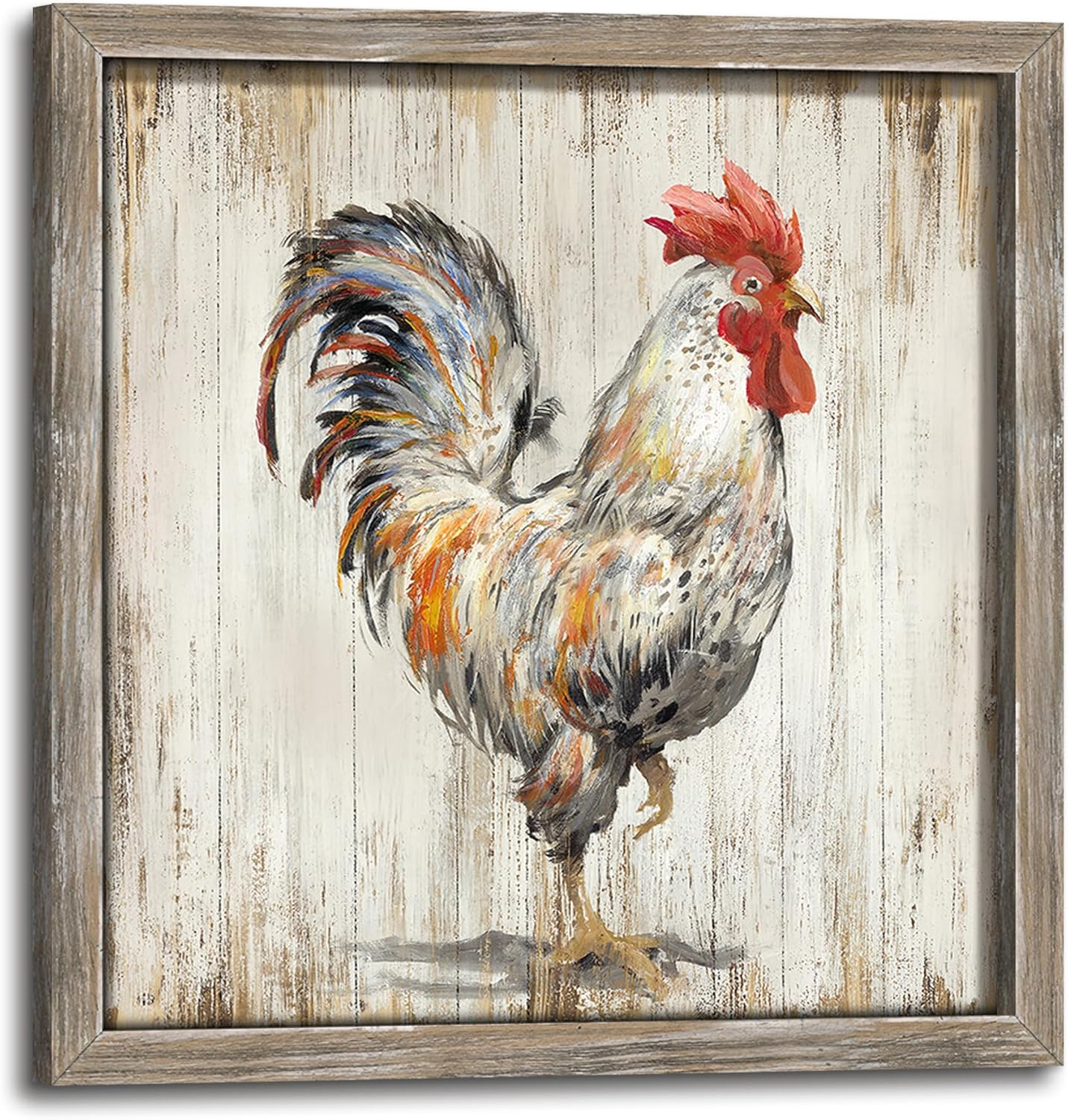 Farmhouse Wall Art Decor Kitchen: Rooster Framed Wood Picture Rustic Farm Animal Print Painting Vintage Chicken Country Artwork for Home Bathroom Living Room Decorations 12 x 12 Inches