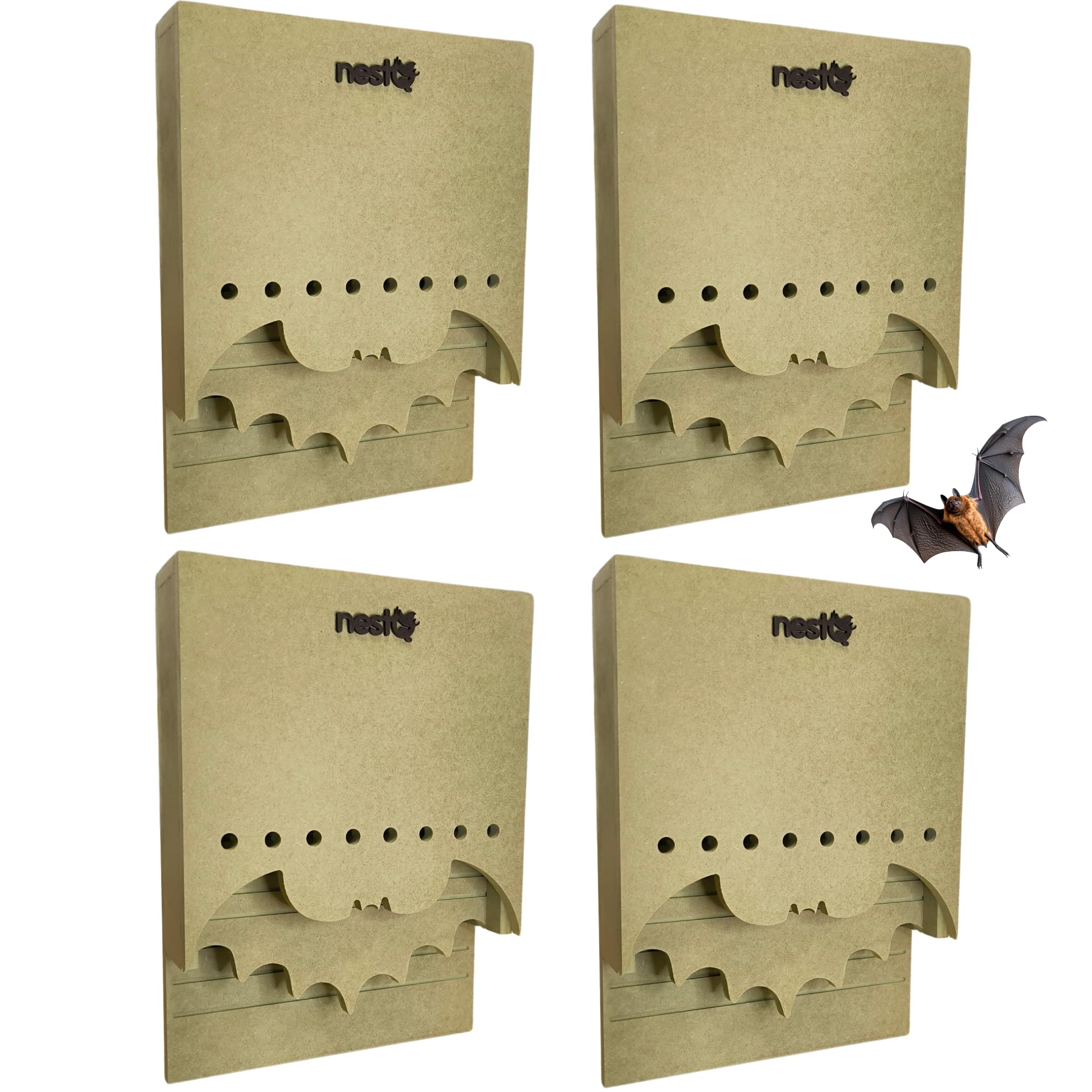 Pack De 4 Cajas De Murciélagos para Exterior - Diseño En Forma De Murciélago - Doble Cámara con Separador Extraíble - Instalación Fácil con Ganchos - Material Resistente para Todo Clima