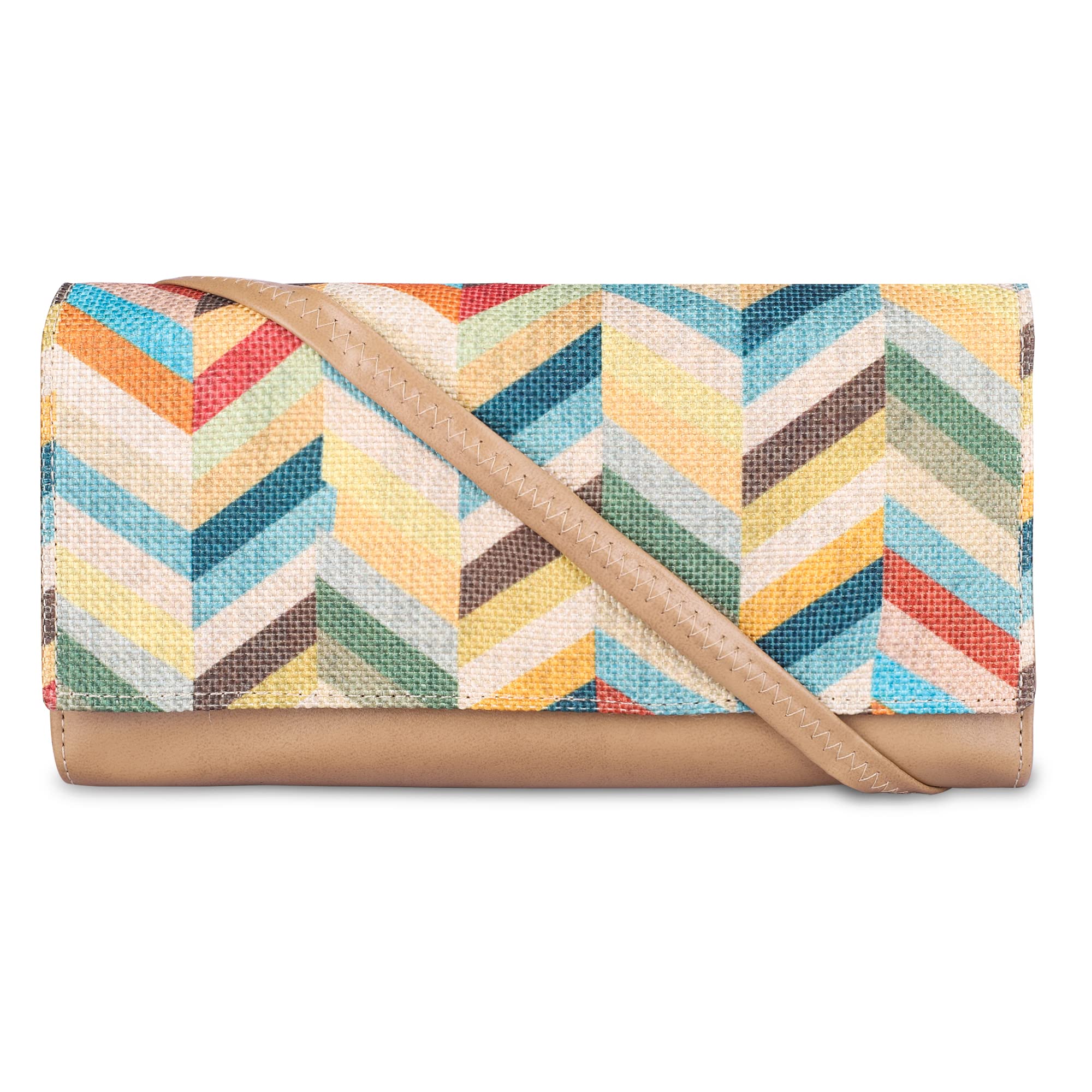 the clownfish Women Jolene Printed Handicraft Fabric & Vegan Leather Ladies Wristlet Purse Sling Bag With Multiple Card Slots (Light Brown)-picture-19
