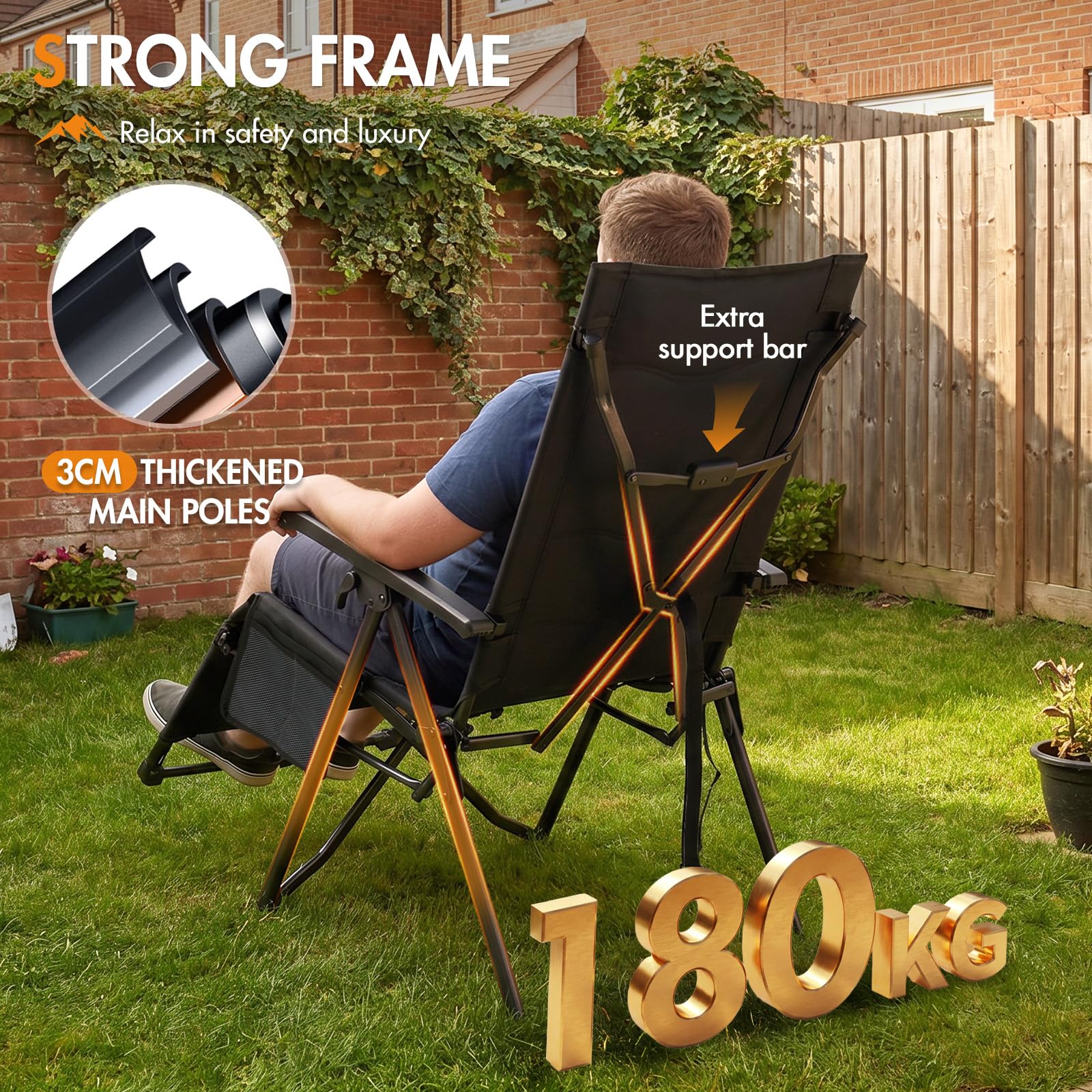 Portal Silla reclinable de camping para jardín, tumbona plegable, sillas de gravedad cero, resistentes de 180 kg, silla de cubierta con reposapiernas, silla de salón ajustable para exteriores, patio