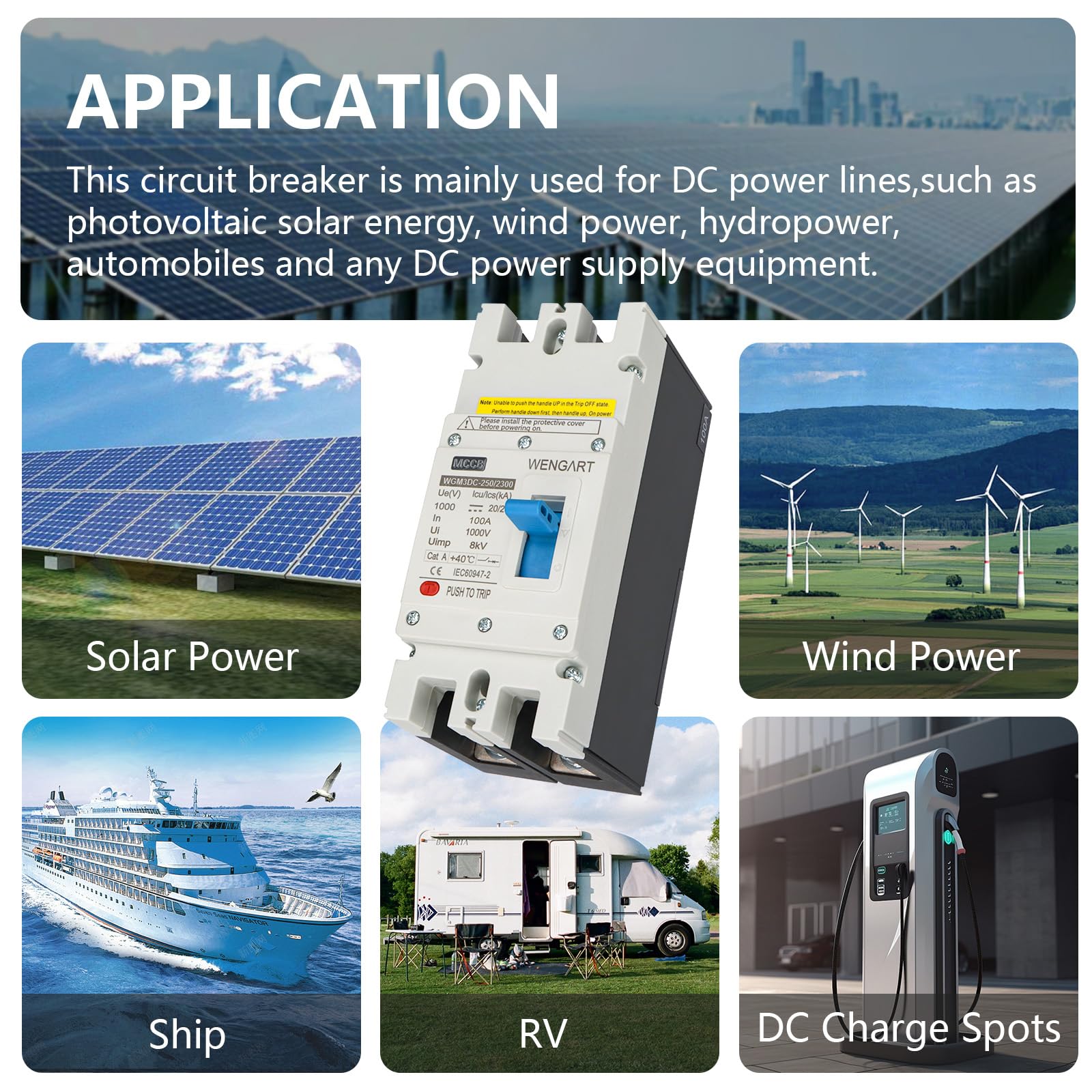 Wengart Interruttore Magnetotermico DC 1000V 100A 2P, Disgiuntore Scatolato MCCB per Fotovoltaico e Stazioni di Ricarica EV, Cablaggio a Polarità Libera, Protezione Impianto Solare, WGM3DC-250