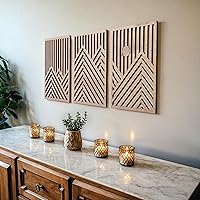 qmmp Modern Wooden Wall Sculptures Set of 3 - Oak Mountain & Sun Design - Durable Engineered Wood Wall Art for Living Room, Bedroom, Office