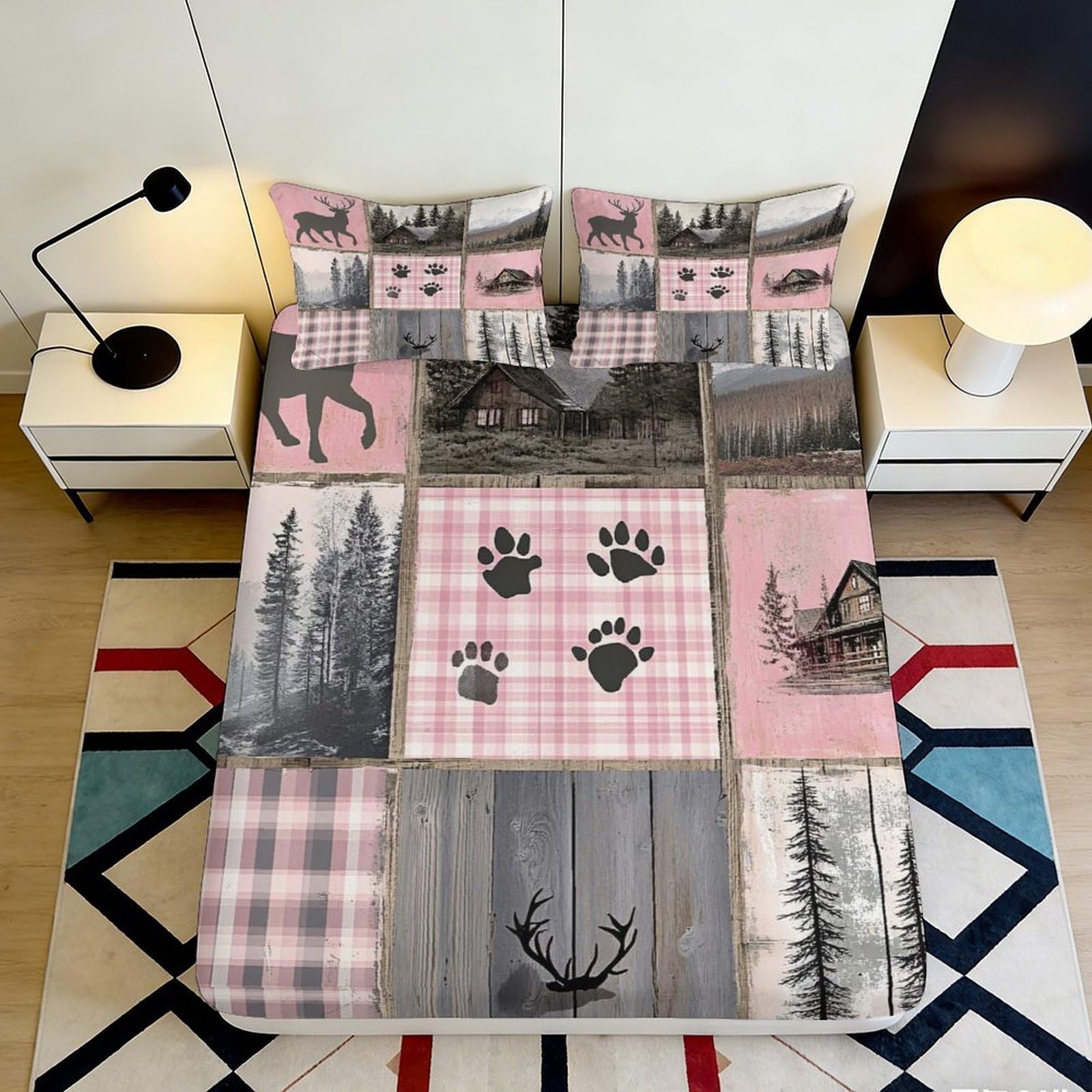 3D Printed Pink Plaid Deer Fitted Sheet Microfiber Soft Forest Animal Bed Sheet for Bedroom Guestroom Decor 90x200x25cm