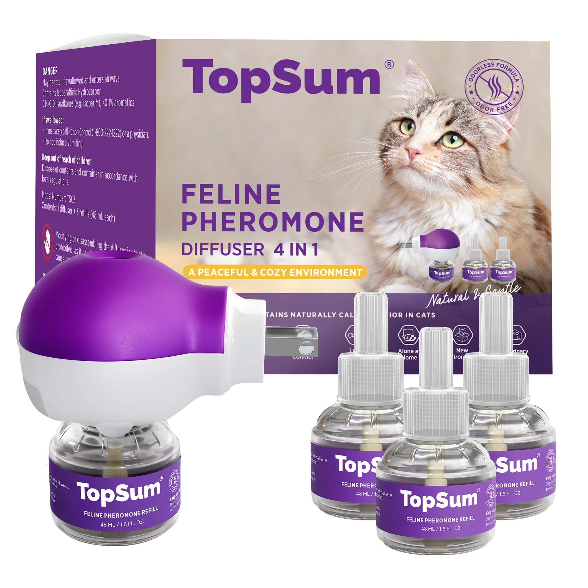 TopSum Cat Pheromones Calming Diffuser: 1 Diffuser & 3 Refills Top Value Kit Cat Calming Diffuser – Helps Reduce Scratching Peeing Meowing Hiding Urine Marking Aggression
