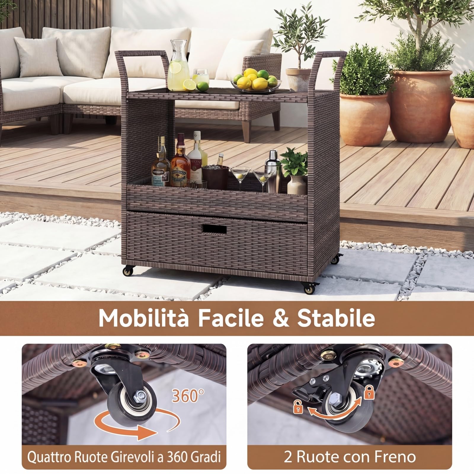SOARS Carrello Bar in Rattan PE, Tavolo Bar da Esterno con Ruote, Ripiano Aperto, Cassetto e Piano in Vetro Temperato, Carrello di Servizio con Maniglie per Giardino, Cortile, Piscina, 85 X 47 X 92 CM