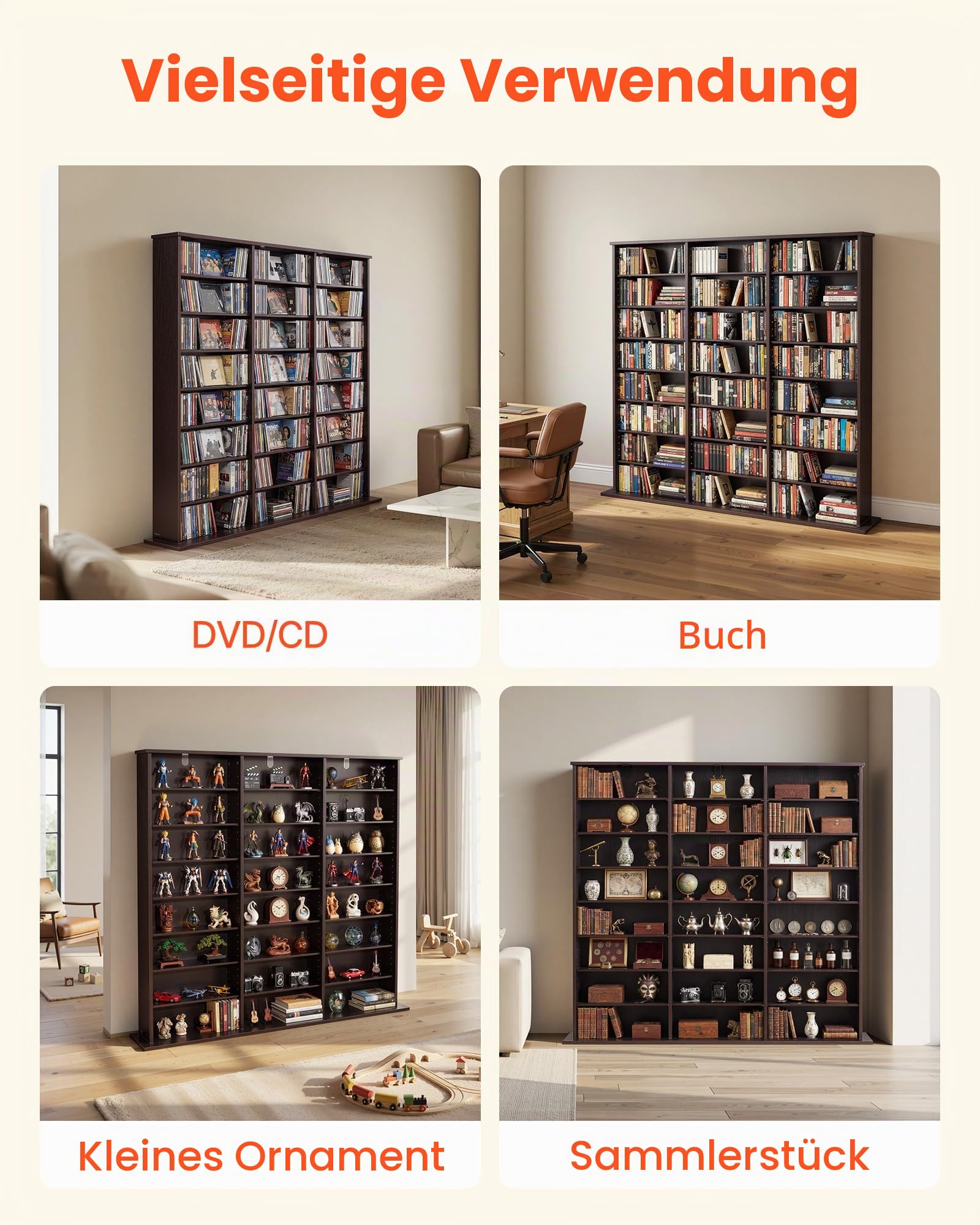 VEVOR DVD-Regal mit 24 Fächern (8 Ebenen), Medienregal Standregal 142 x 22 x 130 cm, Platzsparendes Aufbewahrungsregal für CDs DVDs Bücher Spiele-Discs, Bücherregal für Wohnzimmer/Homeoffice, Braun