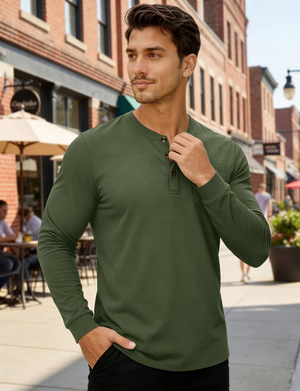 MAGNIVIT Mens Henley Shirts Long Sleeve with Pocket Fall Cotton Casual T-Shirts Plain Moisture Wicking Tee with 3 Button - Image 3