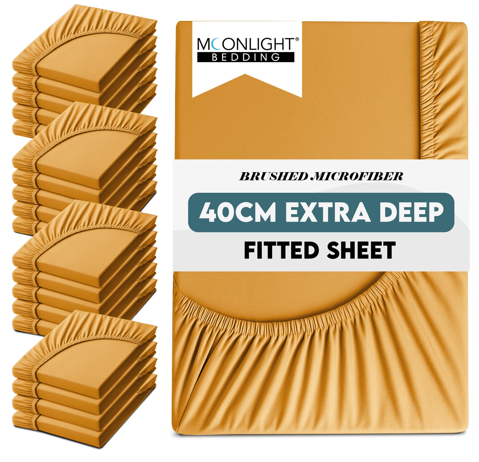 Moonlight Bedding Super King Size Fitted Sheets 20 Pack 40CM Ochre Bedsheet with Elastic Corners 16 Inch Bottom Sheet Brushed Microfiber Easy Care Breathable Shrinkage Fade-Resistant — image 1