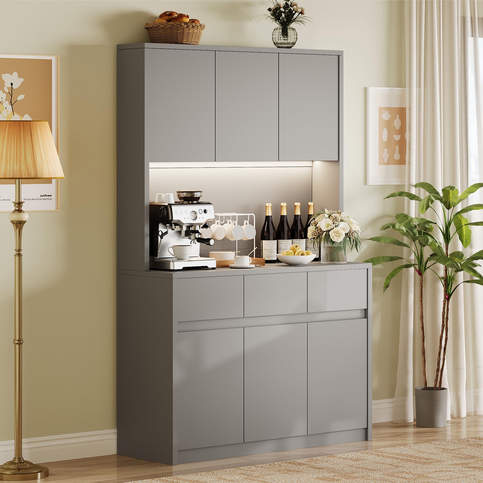 Garvee Kitchen Pantry Cabinet,71 in Tall Storage Cabinet with Doors&amp;Shelves Adjustable, Kitchen Storage Hutch with Microwave Shelf, Led Lights&amp;Charging Station,Corner Pantry Cabinet