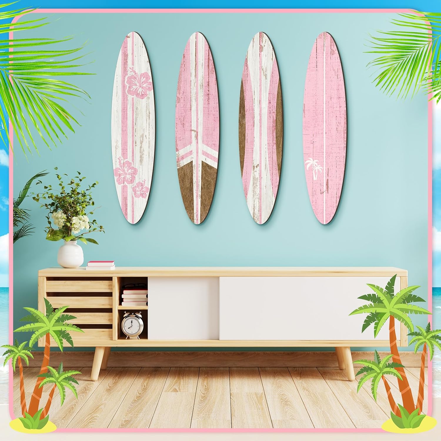 Threan 4 Pcs Surfboard Wall Decors 23.6 x 5.4 Inch Pink Girls Room Decor Preppy Surf Board Hanging Signs Aesthetic Large Wooden Beachy Tropical Wall Art for Surfer Bedroom Living Room Bathroom Decors
