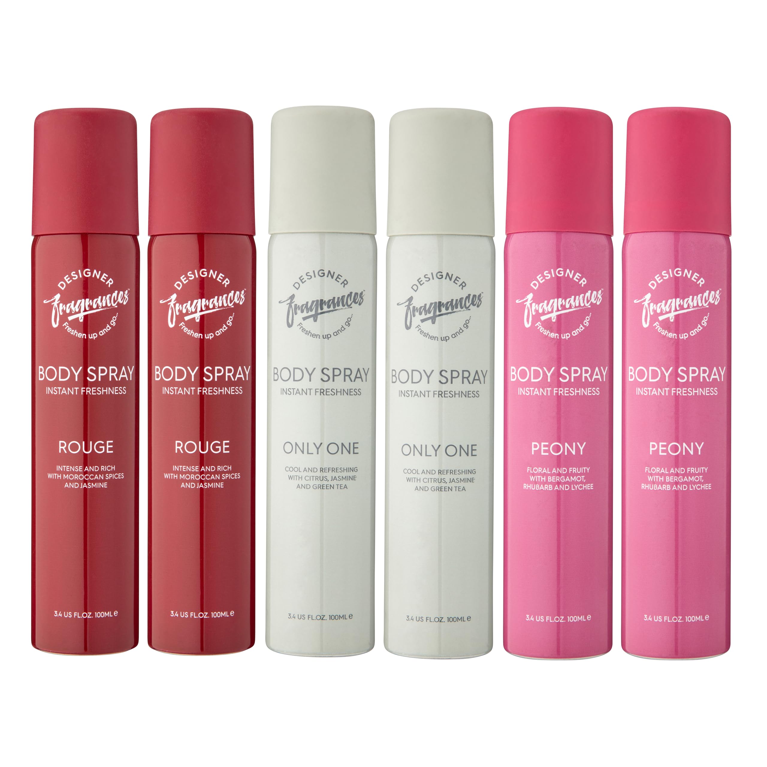 Designer Fragrances 6 Pack Assorted Aromas Bundle - Rouge, Only One & Peony - Women's Body Spray Deodorant Cans - For Instant Freshness On The Go - Long Lasting Smell, Great Gifts - 100ml