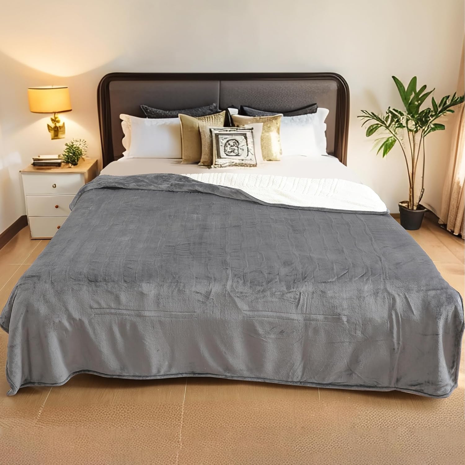 Electric Heated Blanket Full Size 72"x84", Dual-Sided Soft Flannel & Sherpa, LCD Display 10 Heat Settings with 1-12H Timer & Overnight Safe, Bed & Couch, Machine Washable, Light Grey - Image 2