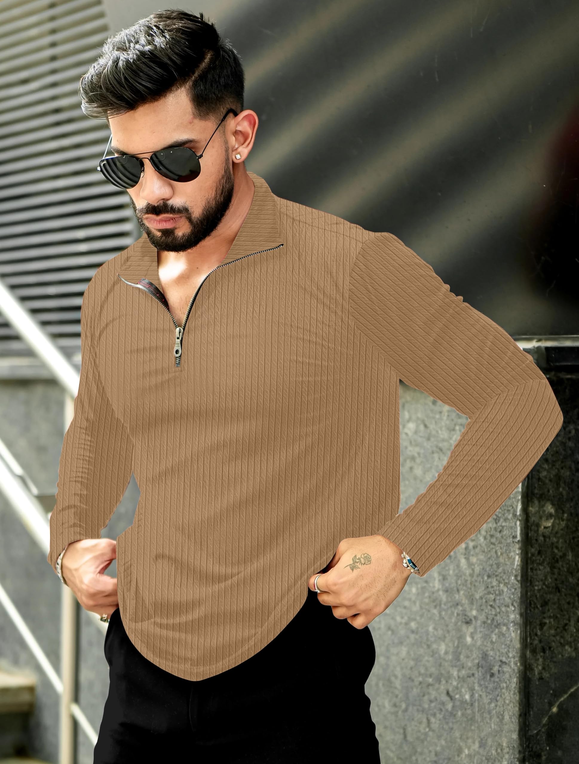 KAJARU Men's Quarter Zip Pullover T-Shirt, Cable Knit Pattern, Full Sleeve (in, Alpha, 2XL, CHIKU) - Image 5 thumbnail