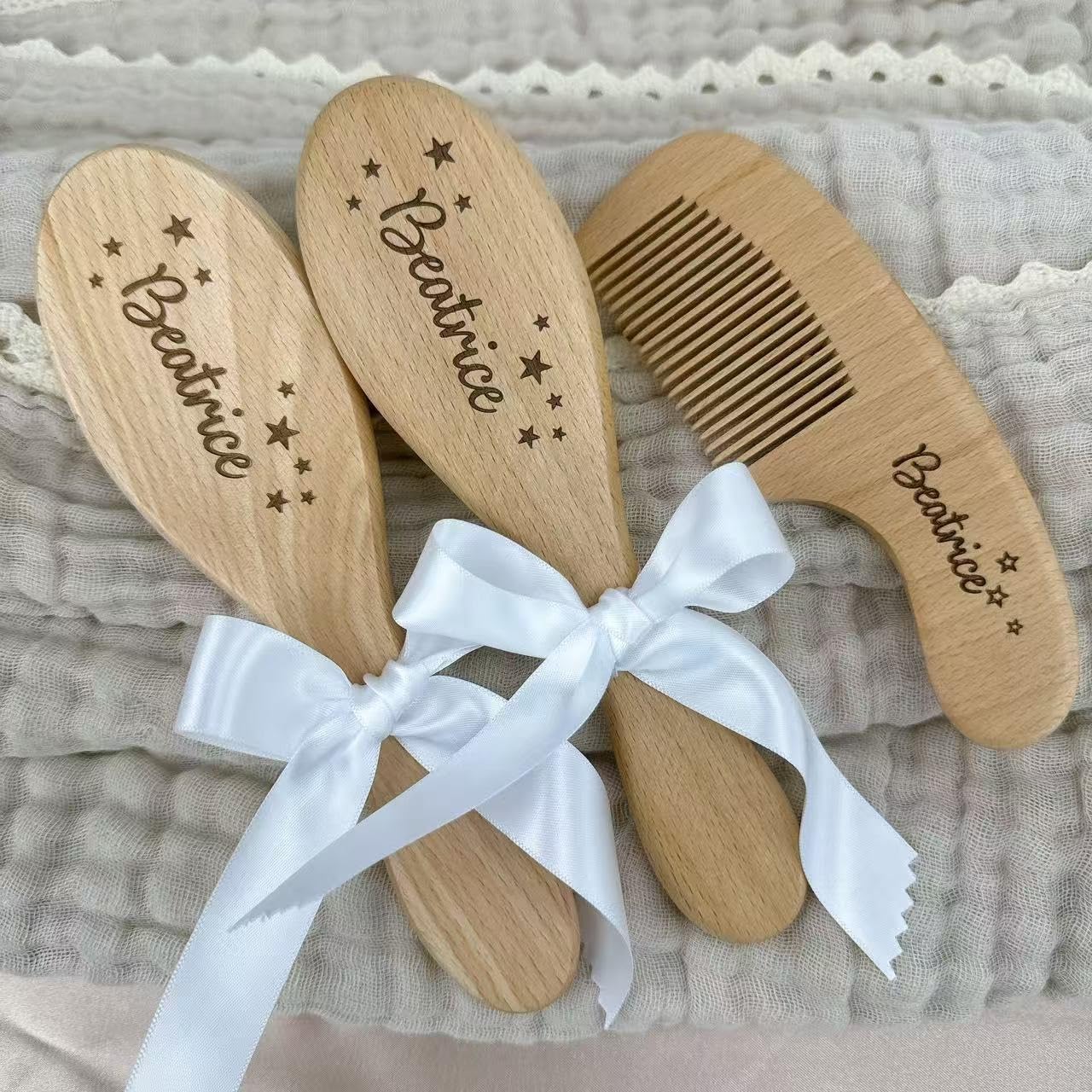 Shengbeidz 3Pcs Personalized Wooden Hair Brush & Comb Set, Cradle Cap Brush, Massage Hair Brush And Comb For Toddlers, Custom Newborns Gift(3Pcs)