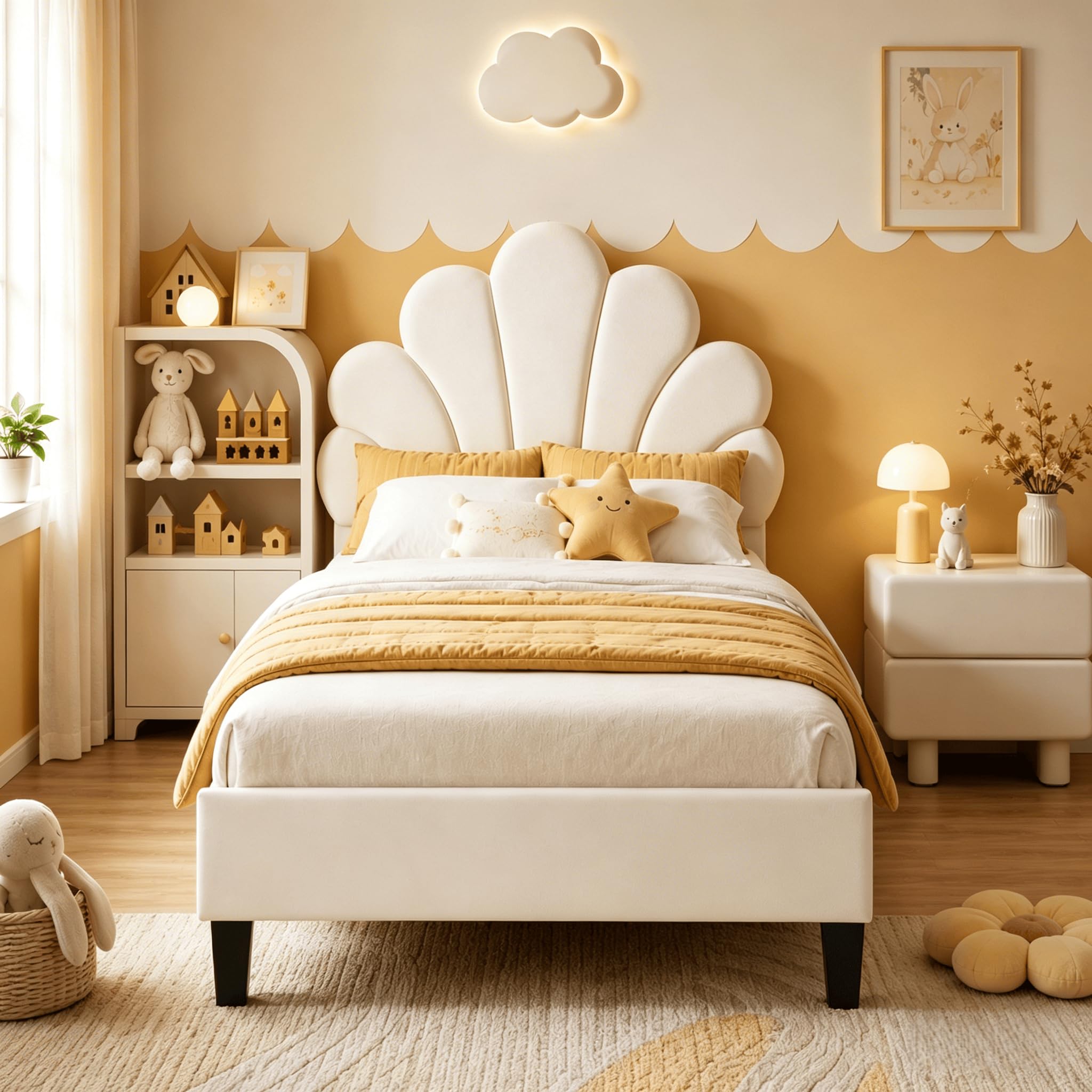 Lit Enfant 90x200 cm, Lit Simple Rembourré avec Tête de Lit en Forme de Fleur, Design Pétales en Velours Beige, Hauteur Réglable, Cadre de Lit avec Sommier à Lattes pour Adolescent et Adulte