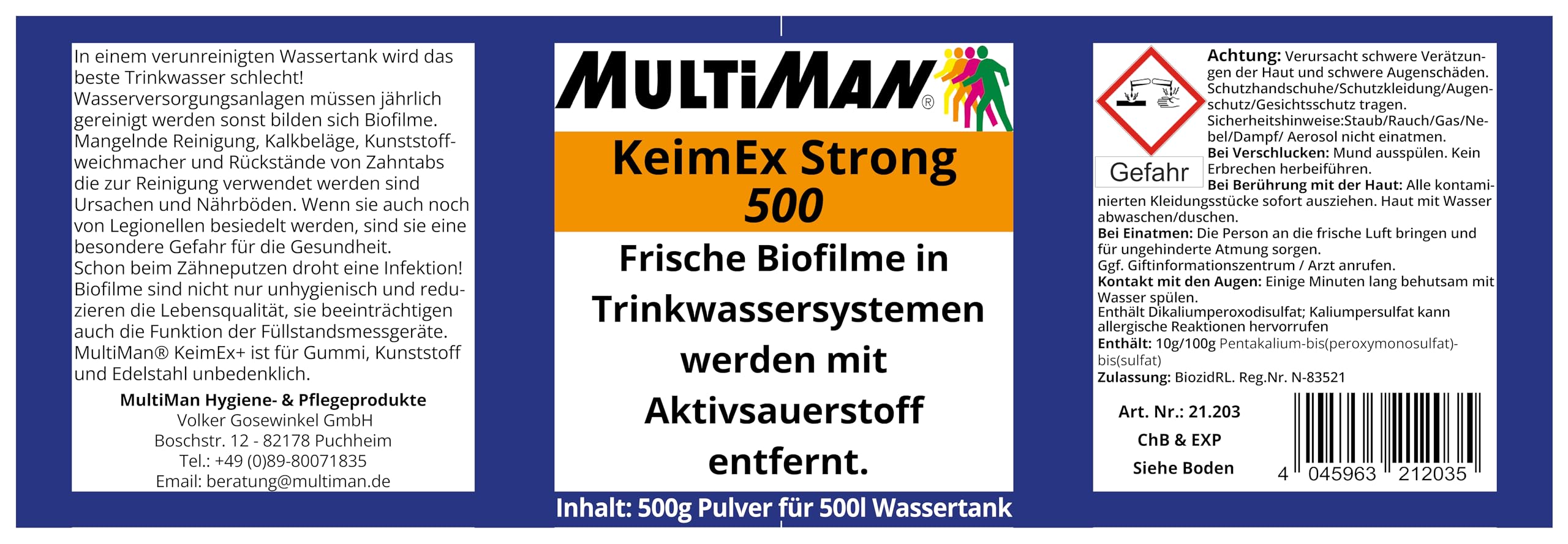 MultiNox® KeimEx Strong Pulver für Tanks ab 50-500 l - Inhalt: 500 g - Entfernt frische Biofilme in Trinkwasseranlagen von Caravan & Boot