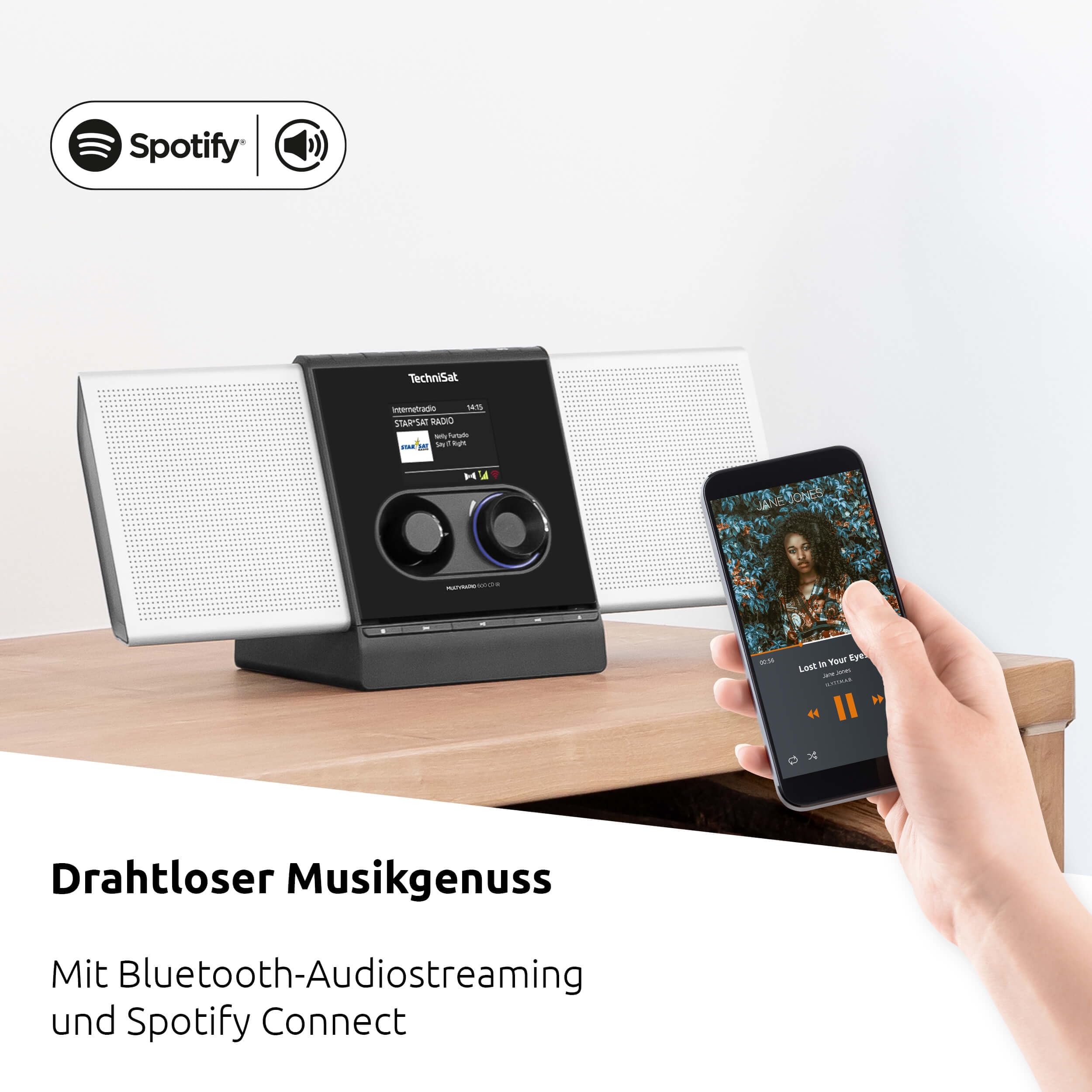 TechniSat MULTYRADIO 600 CD IR - Internetradio (Kompaktanlage, WLAN Radio, DAB+, UKW, Spotify, Bluetooth, CD-Player, USB, Farbdisplay, App-Steuerung, Fernbedienung, 40 Watt Stereo) Silber/schwarz
