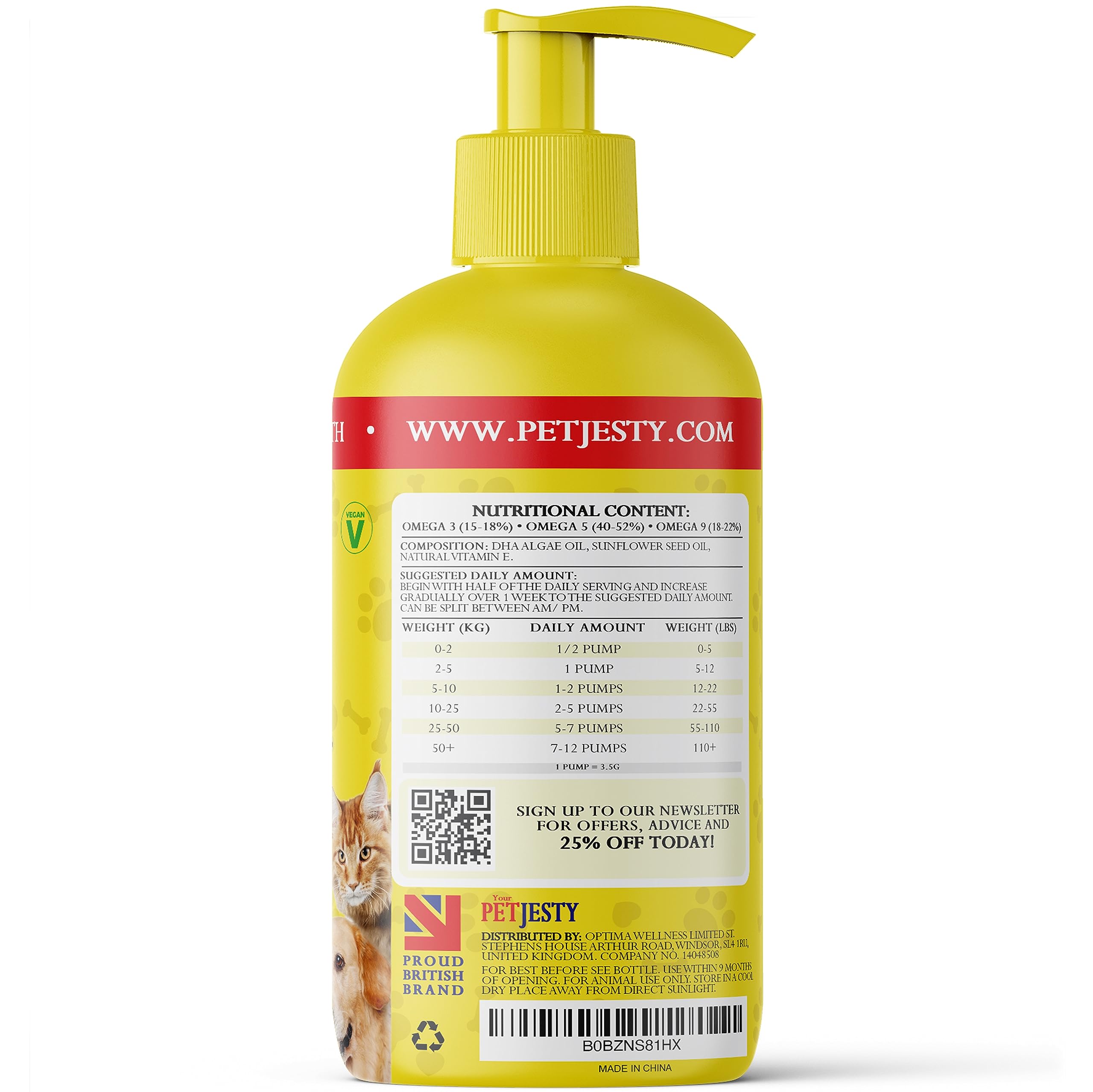 PetJesty Huile pure oméga 3 pour chiens et chats 750 ml – Soutien de la peau et du pelage oméga 3 – Complément alimentaire liquide pour animaux de compagnie – Animal végétalien + DHA pour fonction