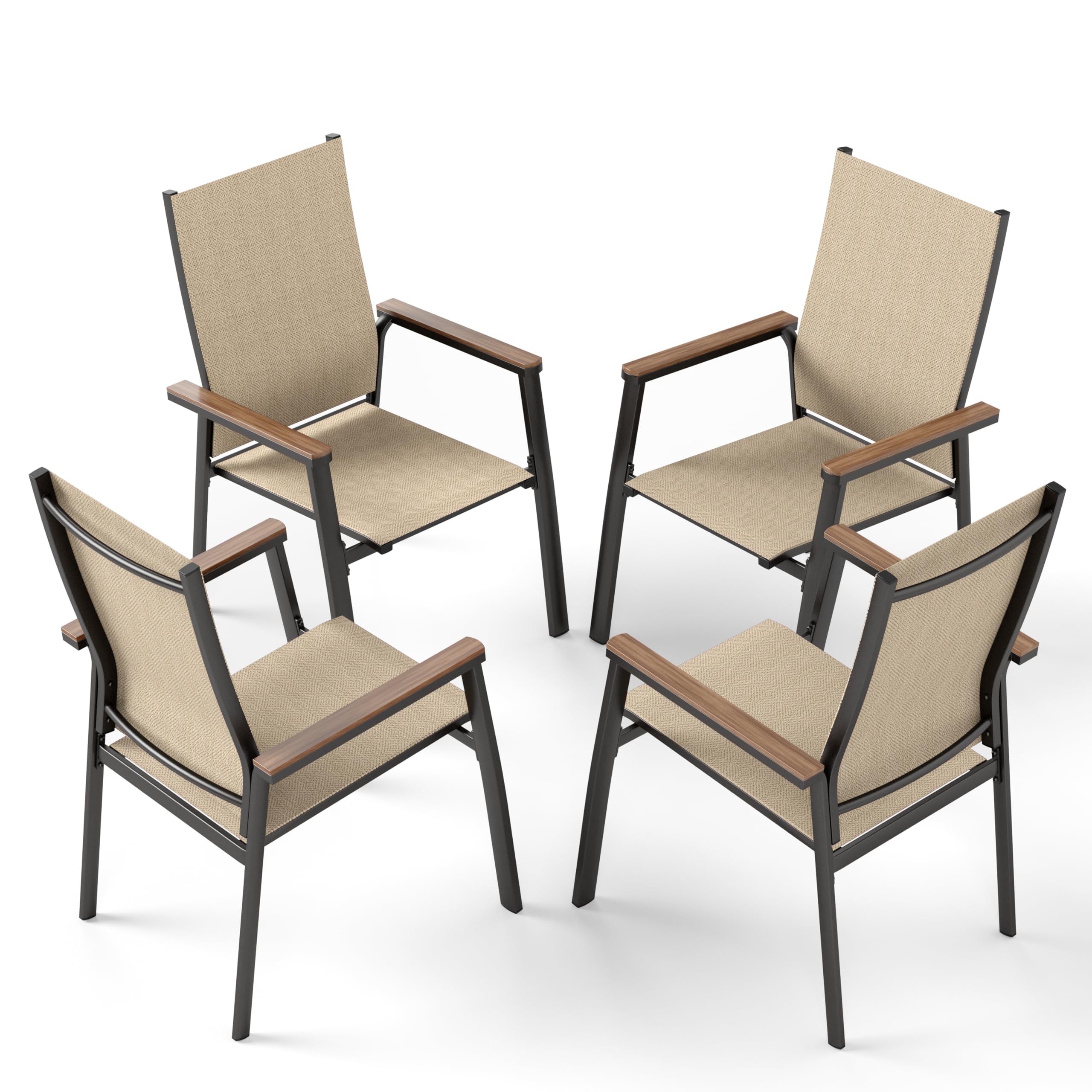 MFSTUDIO 4 PCS Aluminum Patio Dining Chairs, Textilene, Wooden-Like Armest