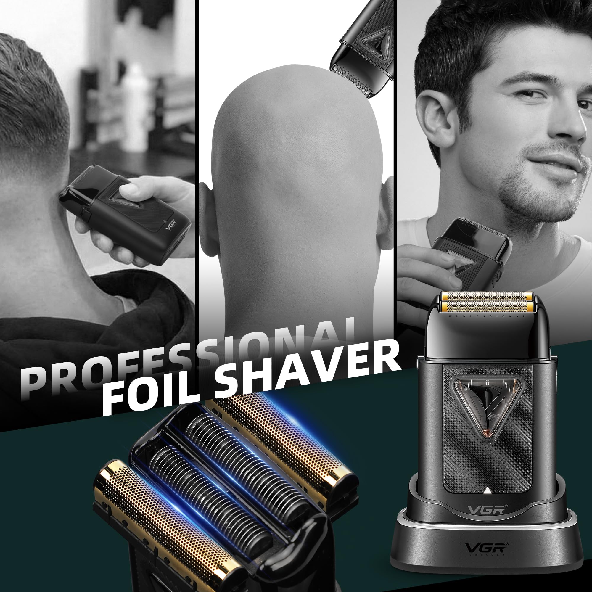 VGR Rasoio elettrico professionale da uomo, con motore vettoriale da 8000 giri/min, rasatura ravvicinata, doppia lamina galleggiante, senza fili, ricaricabile tramite USB-C, con cappuccio UV, per viso