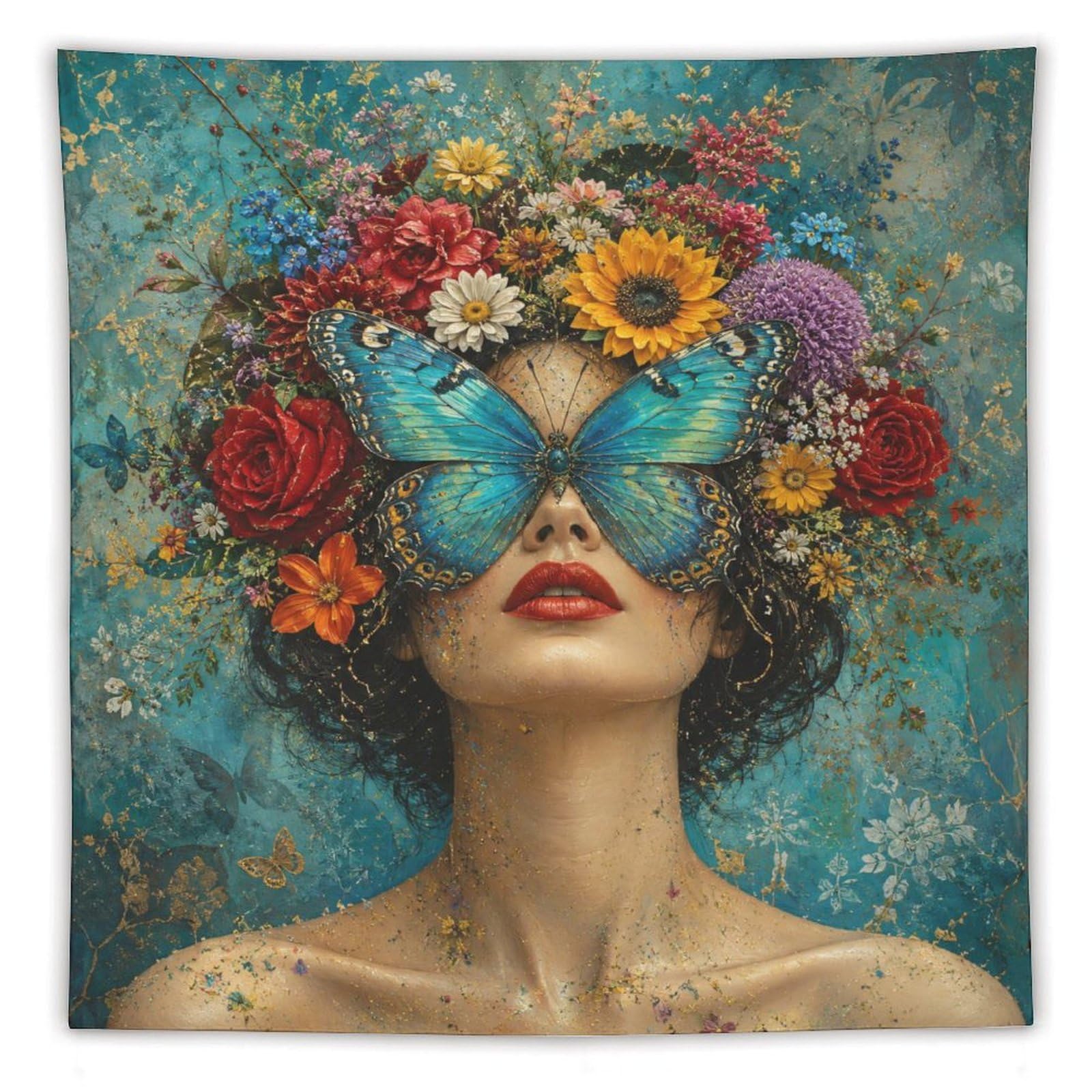 W7C8U2X3 Butterfly Woman Teal Floral Wall Tapestry, Botanical Surrealism