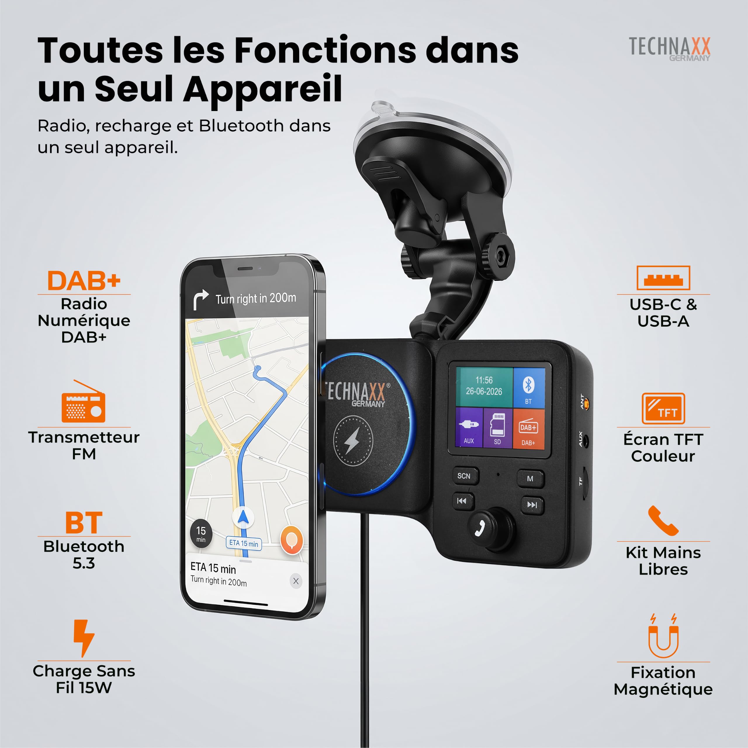 Technaxx Émetteur Dab+ FM, 15W, USB-C, Bluetooth 5.3 FMT1800