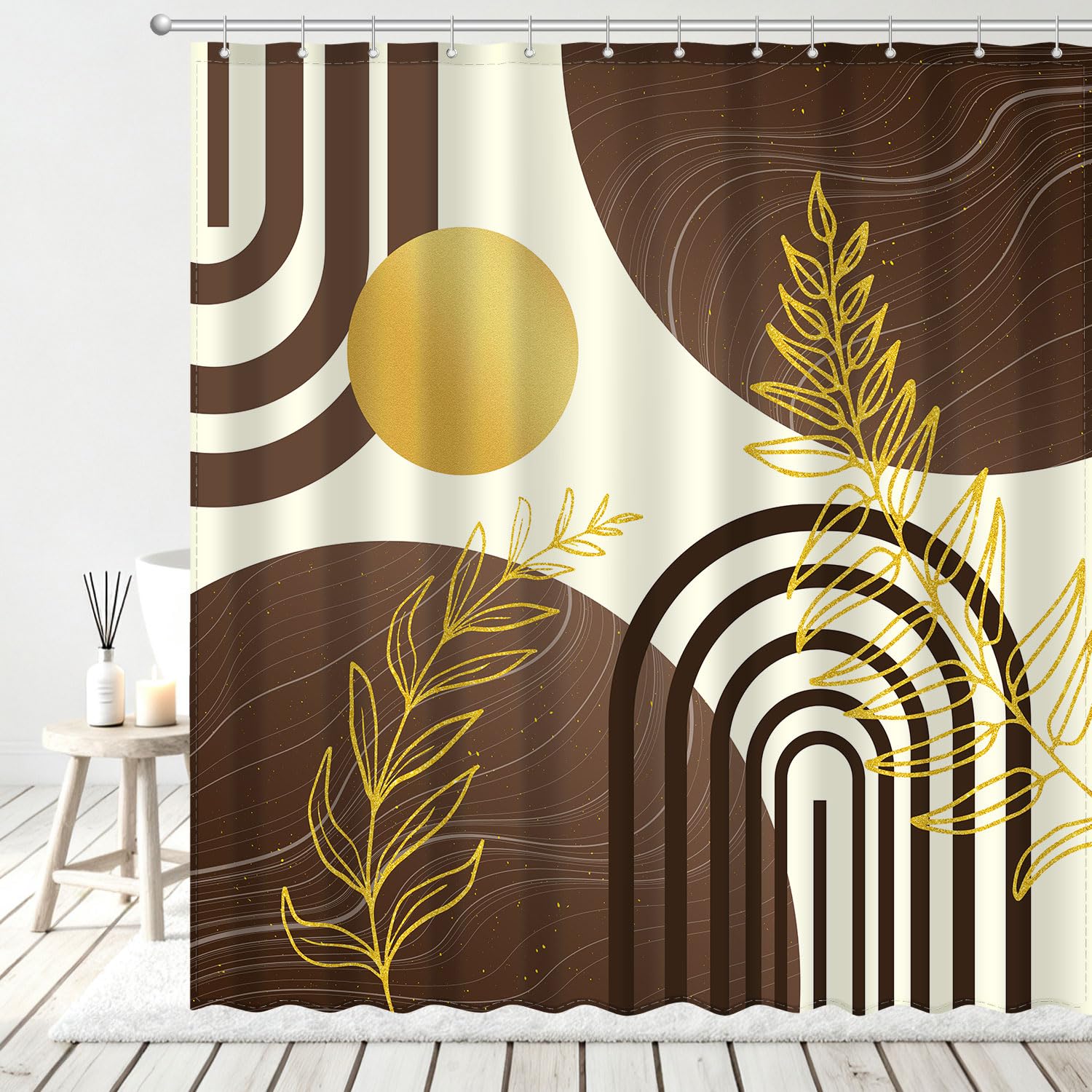 Boho Mid Century Shower Curtain, Modern Minimalist Sun Abstract Plant Gold Leaves Aesthetic Bathroom Decor, Polyester Cloth Fabric Bath Curtain with 12 Hooks (Brown, 72" W x 72" L) Brown 72"W x 72"L (Pack of 1)